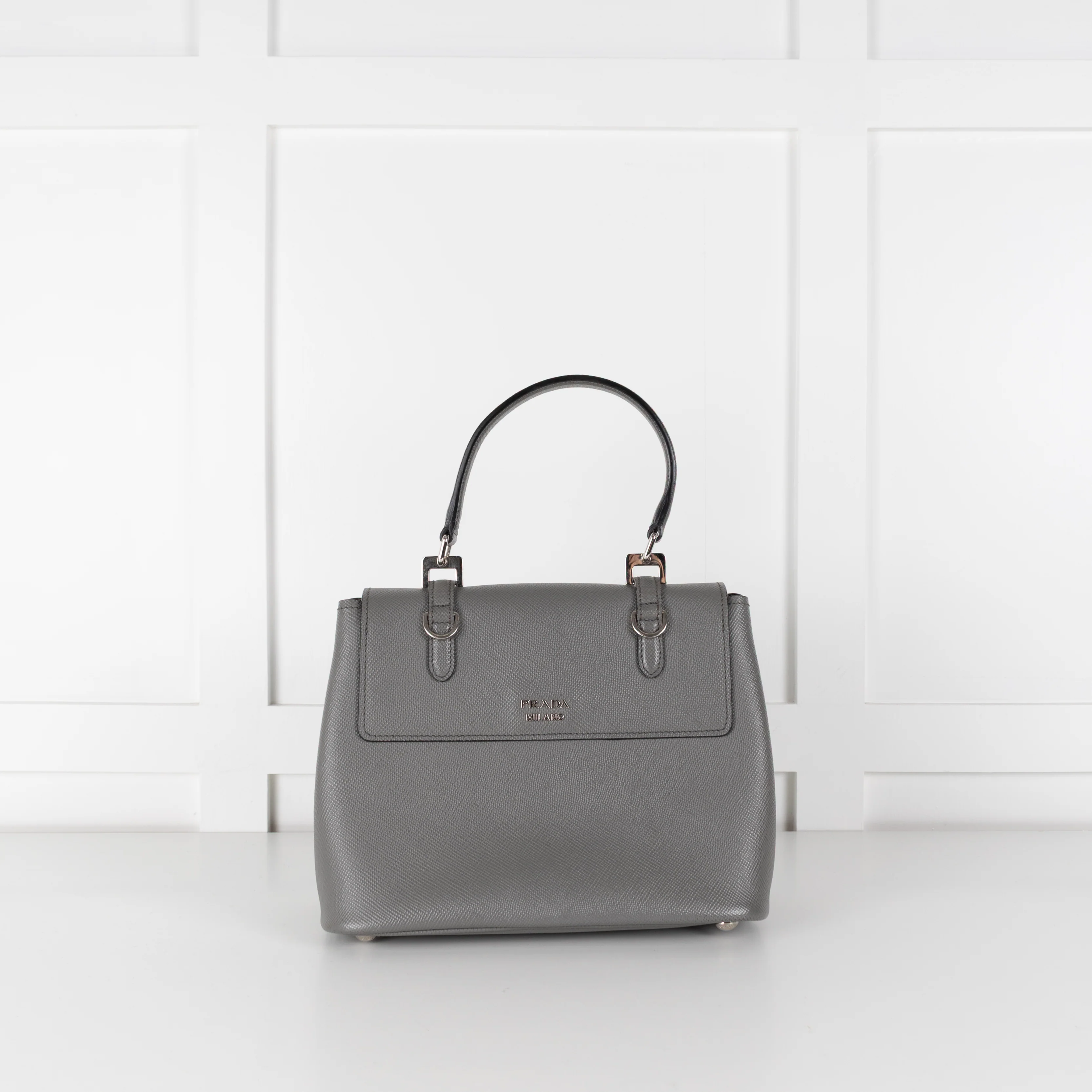 Prada Grey Saffiano Leather Turn Lock Flap Top Handle Bag - Image 7
