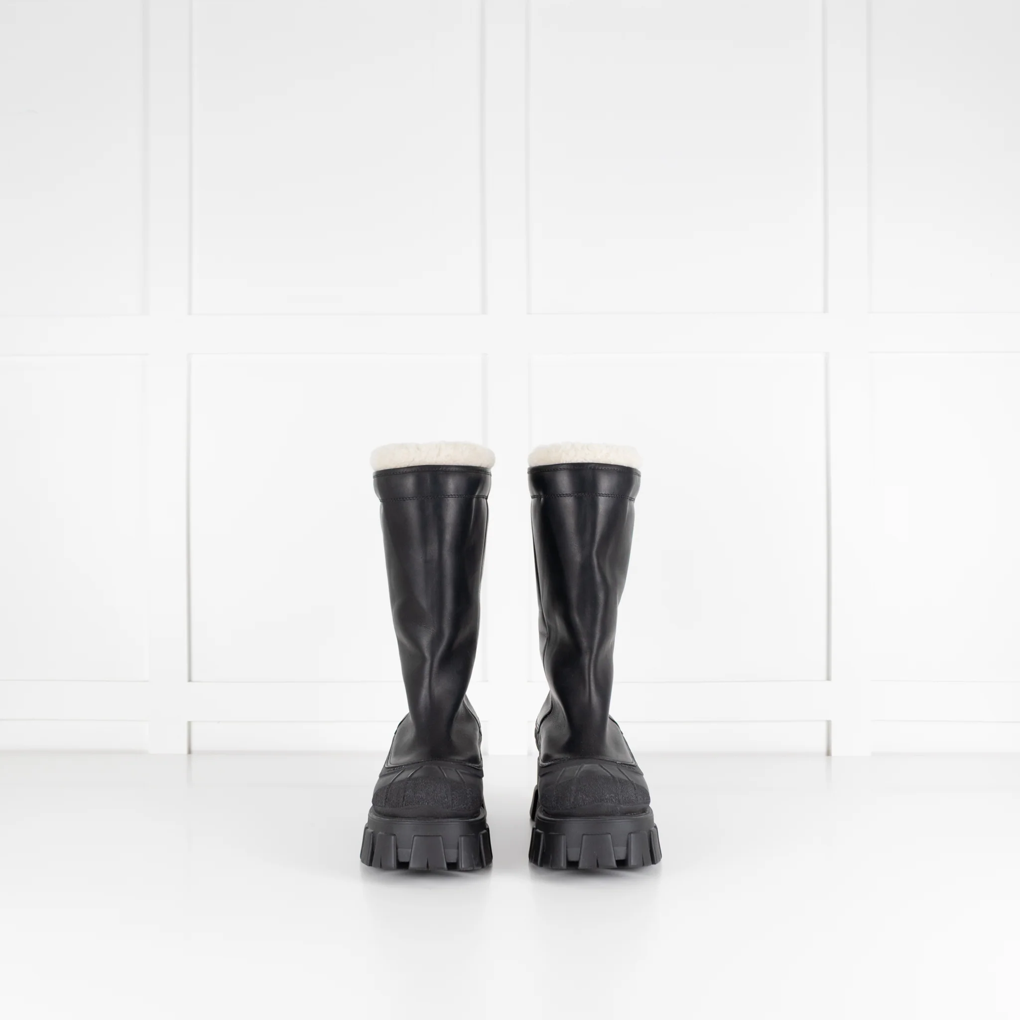 Prada Monolith Shearling Lined Leather Boots - Image 2