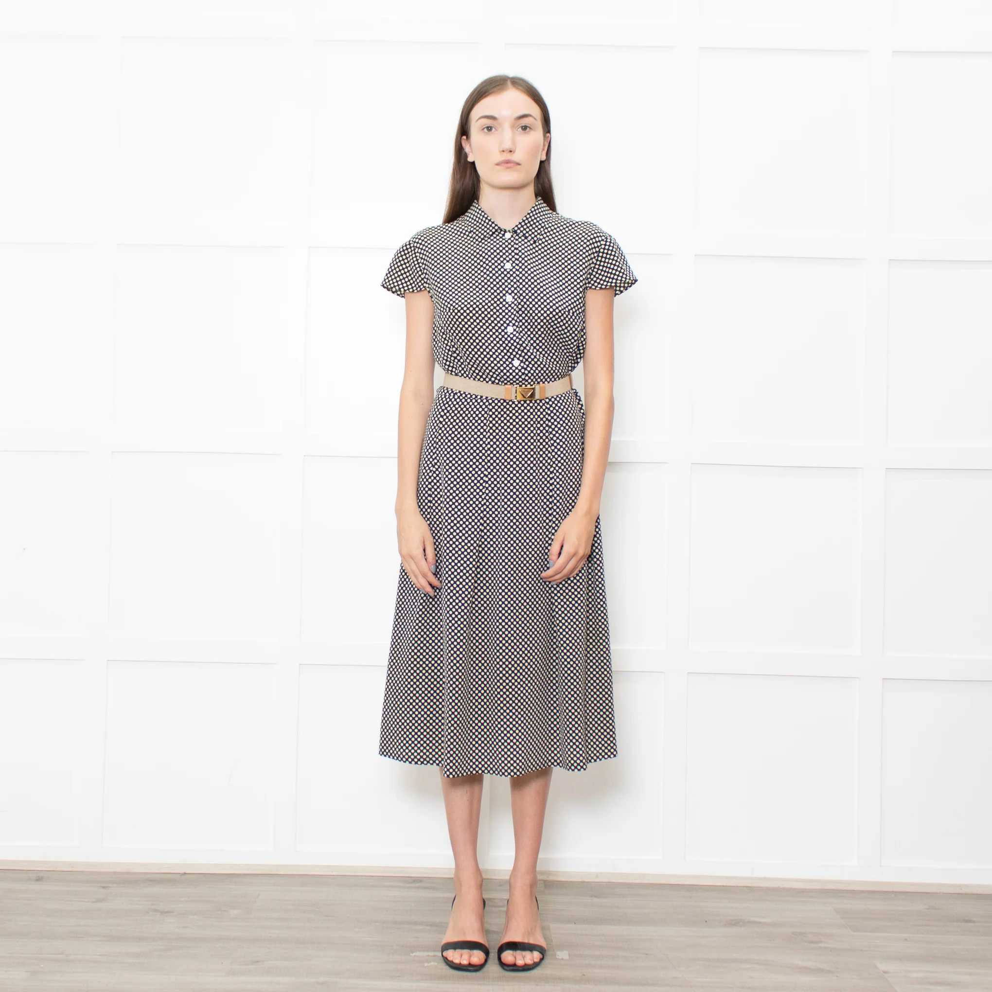 Prada Navy Cream Polka Dots With Canvas Elasticated Belt Dress