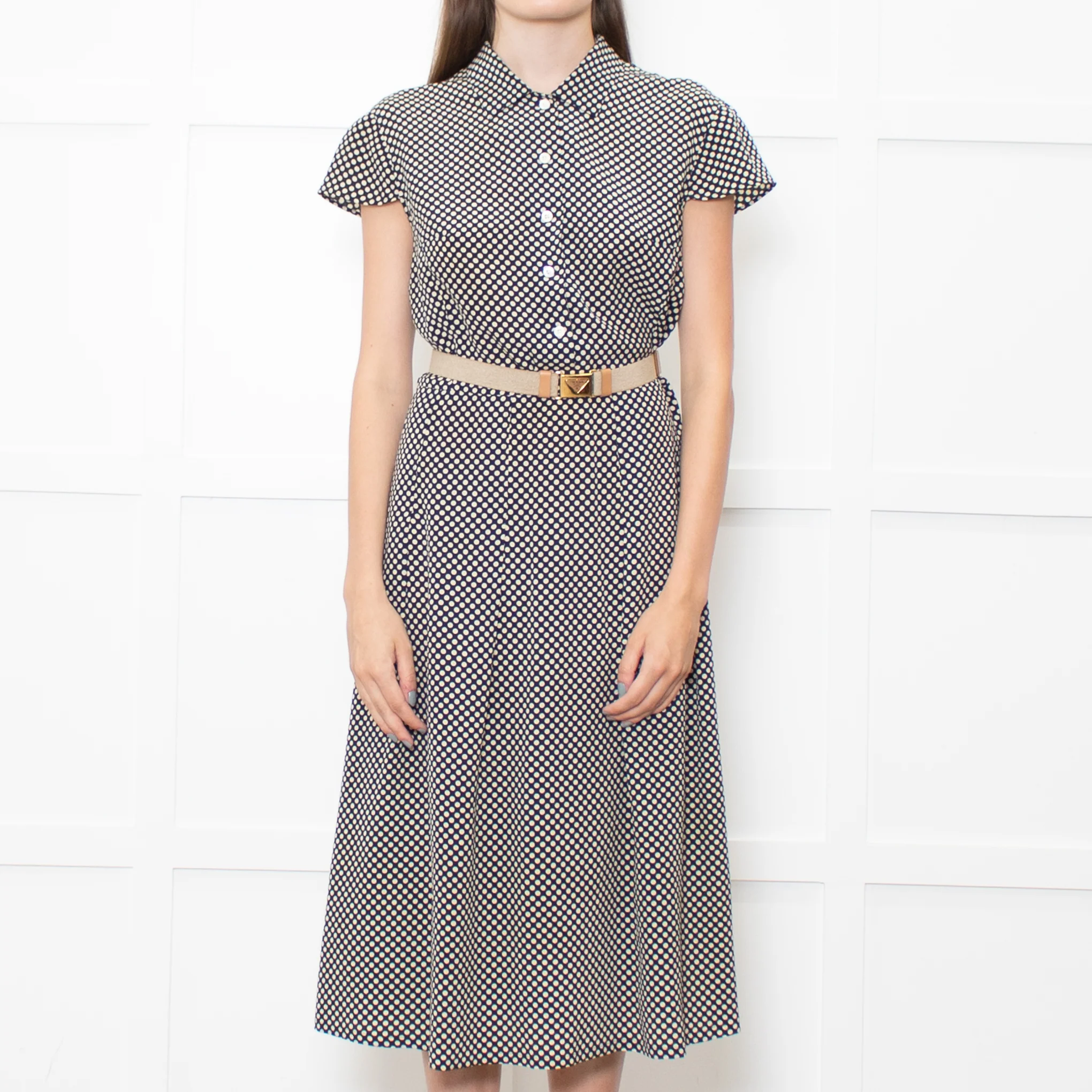 Prada Navy Cream Polka Dots With Canvas Elasticated Belt Dress - Image 2