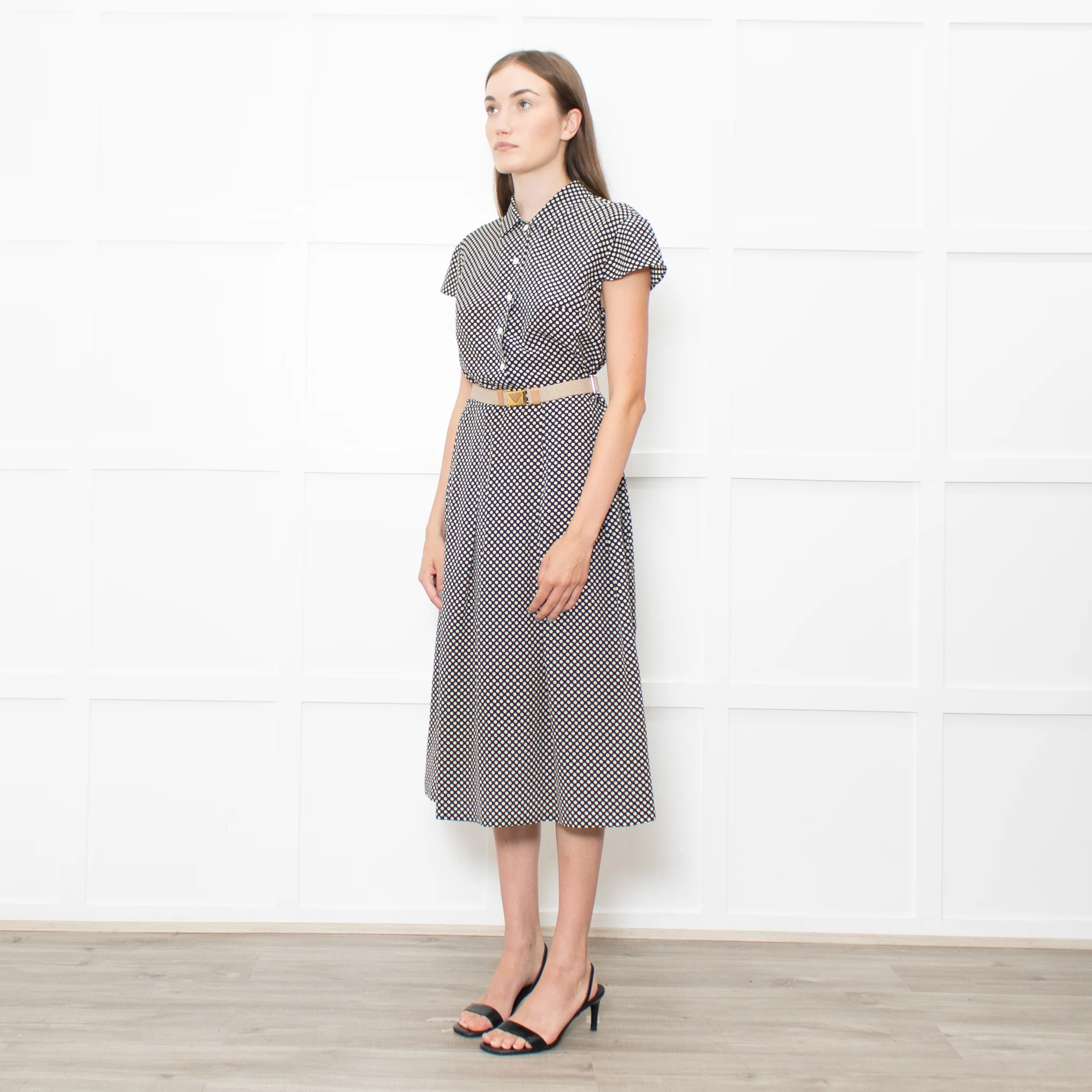 Prada Navy Cream Polka Dots With Canvas Elasticated Belt Dress - Image 3