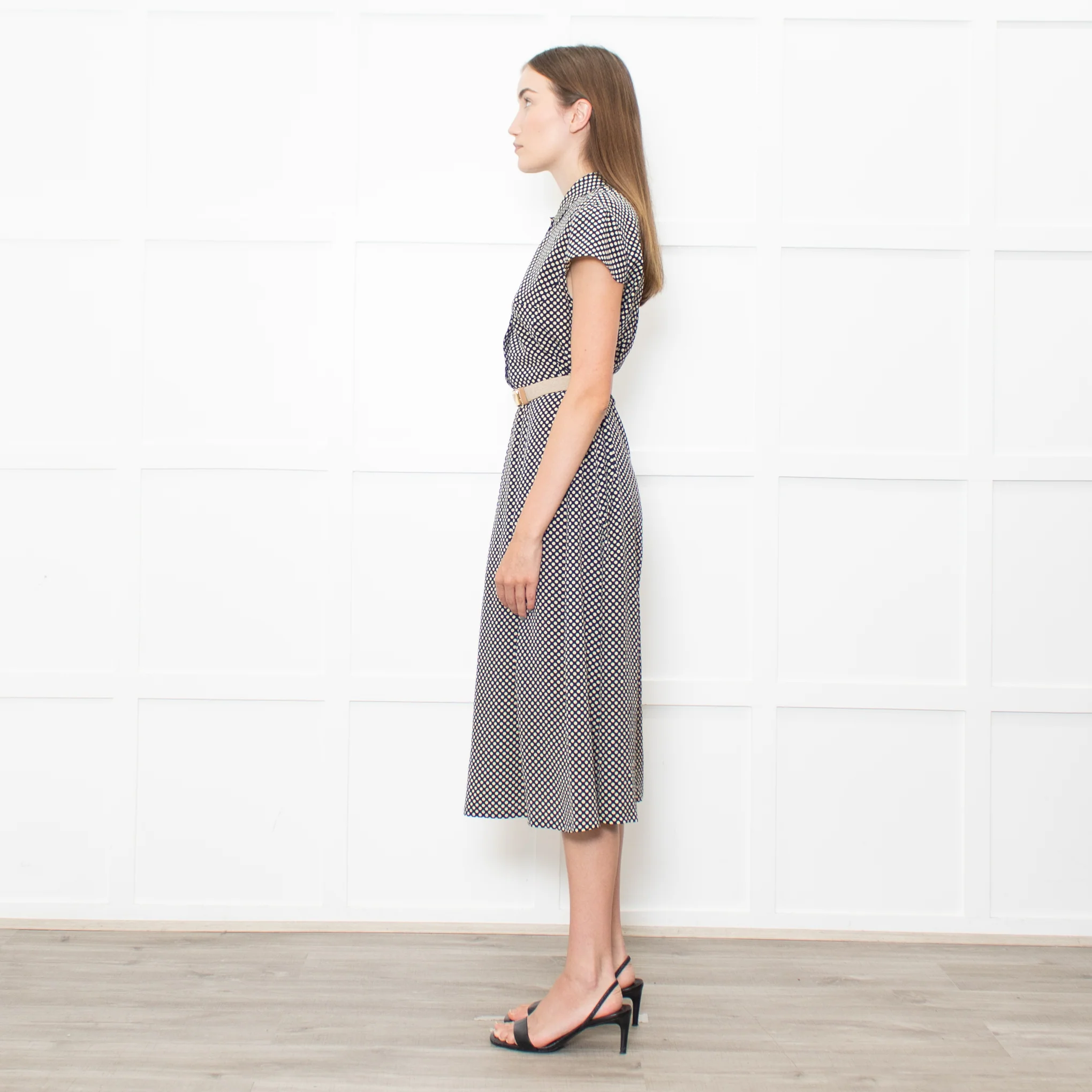 Prada Navy Cream Polka Dots With Canvas Elasticated Belt Dress - Image 4