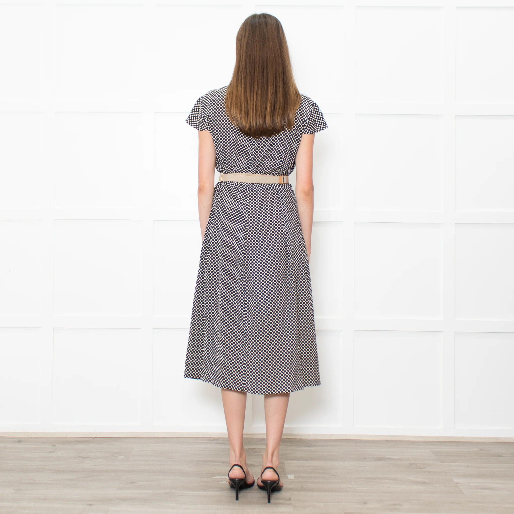 Prada Navy Cream Polka Dots With Canvas Elasticated Belt Dress - Image 5