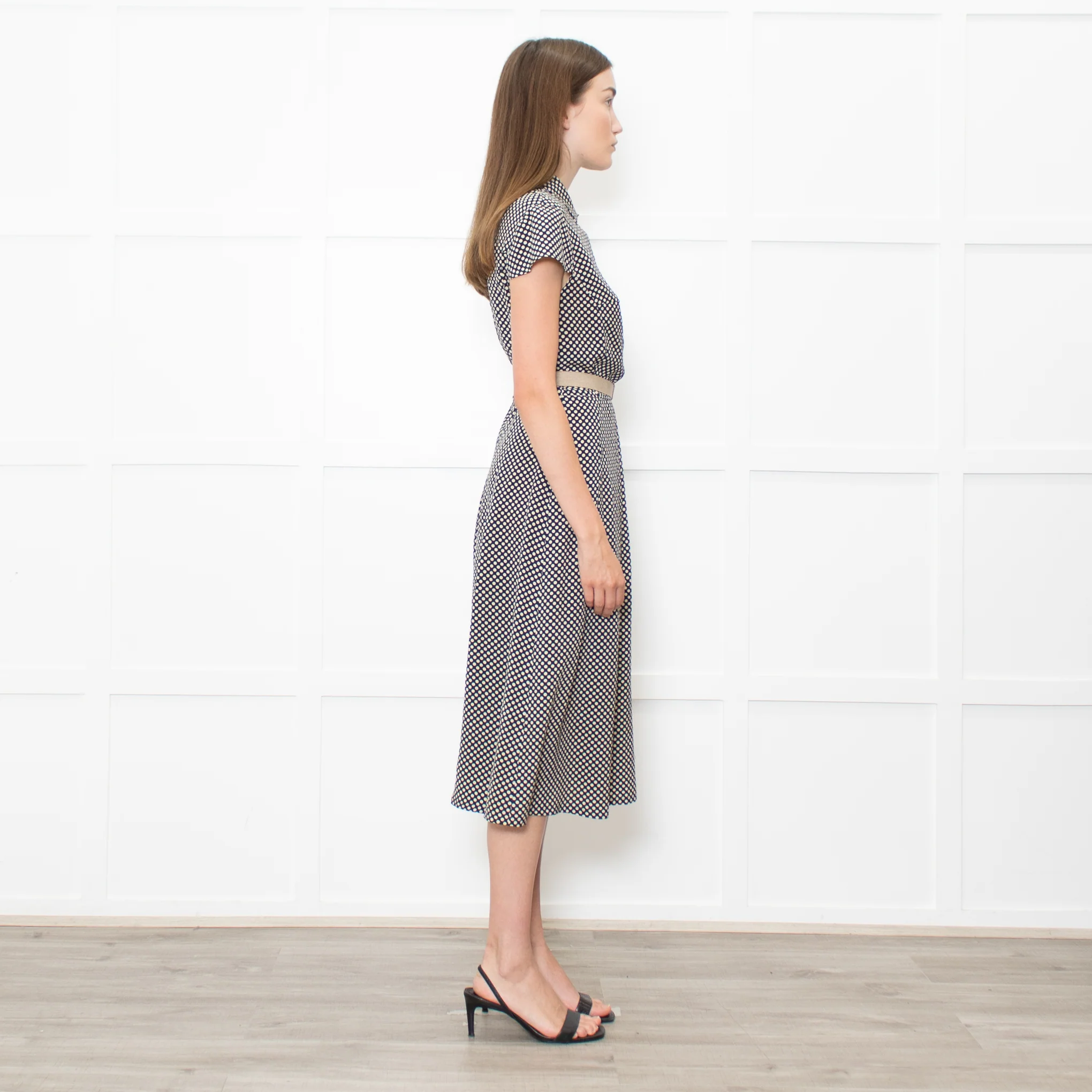Prada Navy Cream Polka Dots With Canvas Elasticated Belt Dress - Image 6