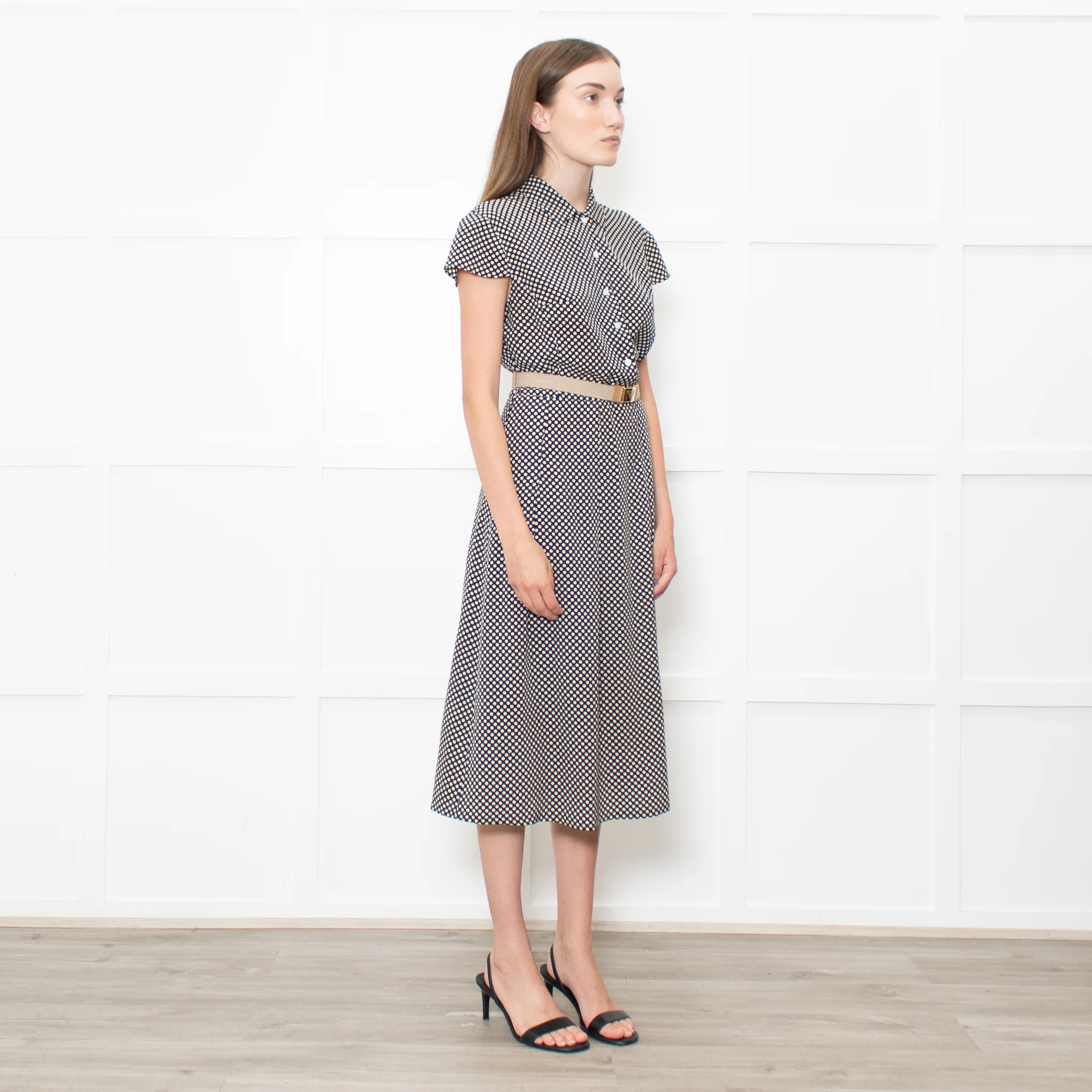 Prada Navy Cream Polka Dots With Canvas Elasticated Belt Dress - Image 7