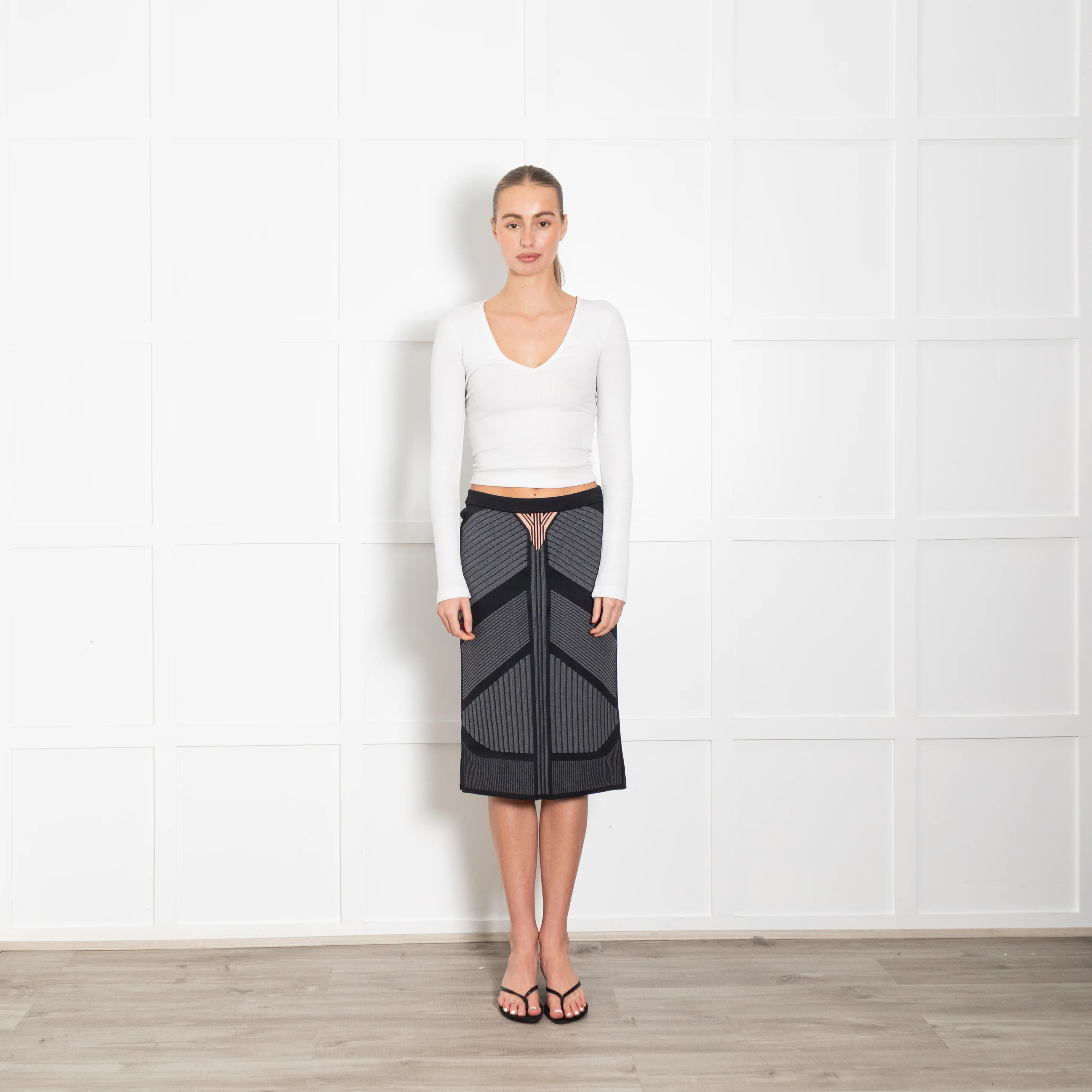 Prada Navy Grey Pink Knit Stretchy Fitted Skirt
