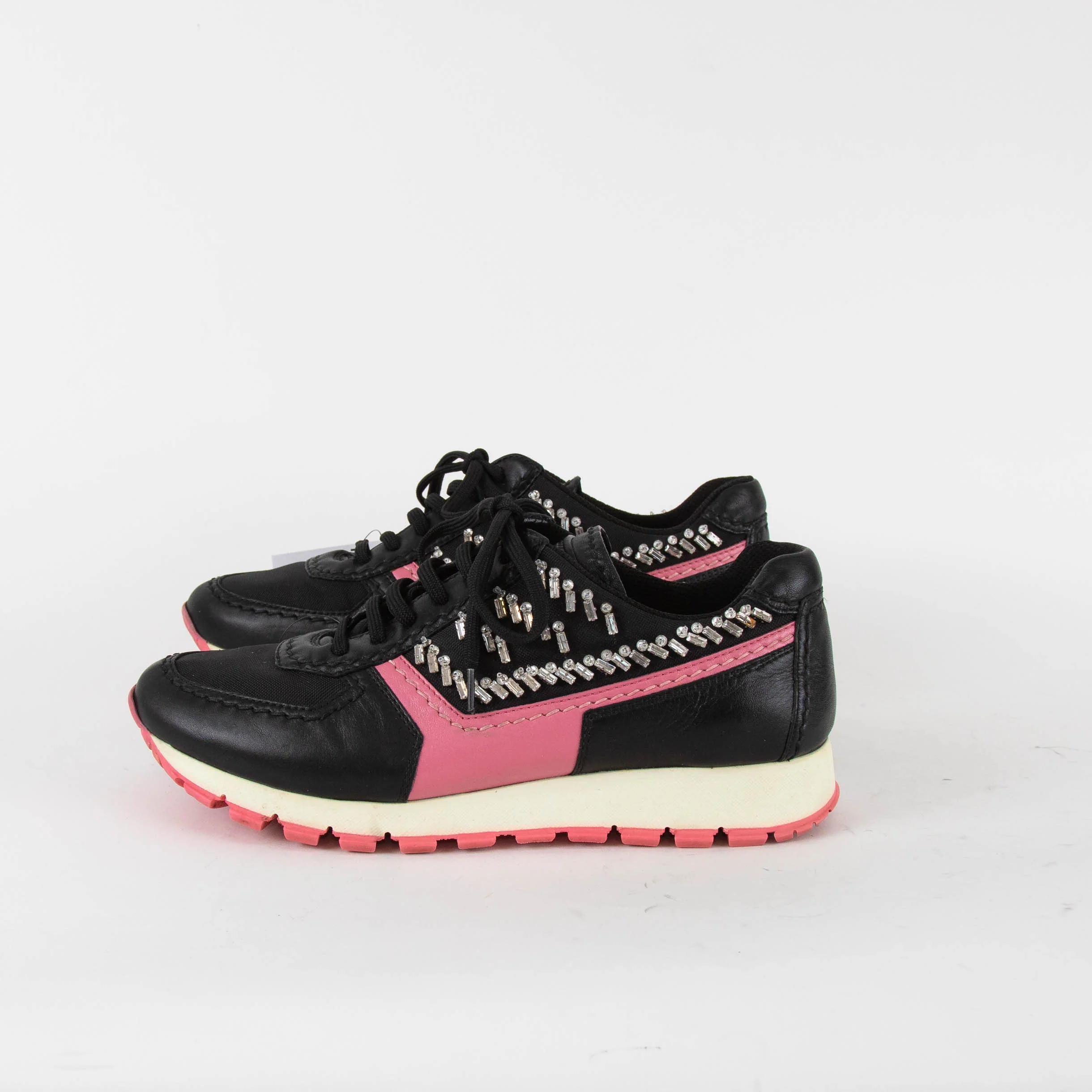 Prada Black Pink Diamante Lace Up Trainers - Image 3