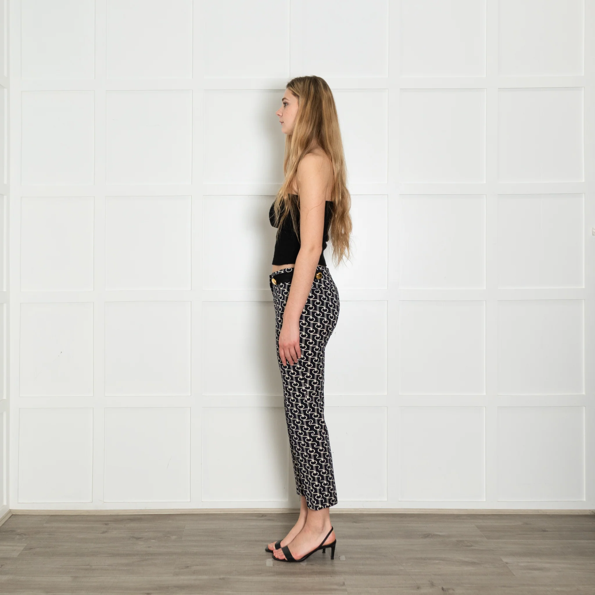 Prada Navy White Print Gold Button Wool Blend Trousers - Image 4