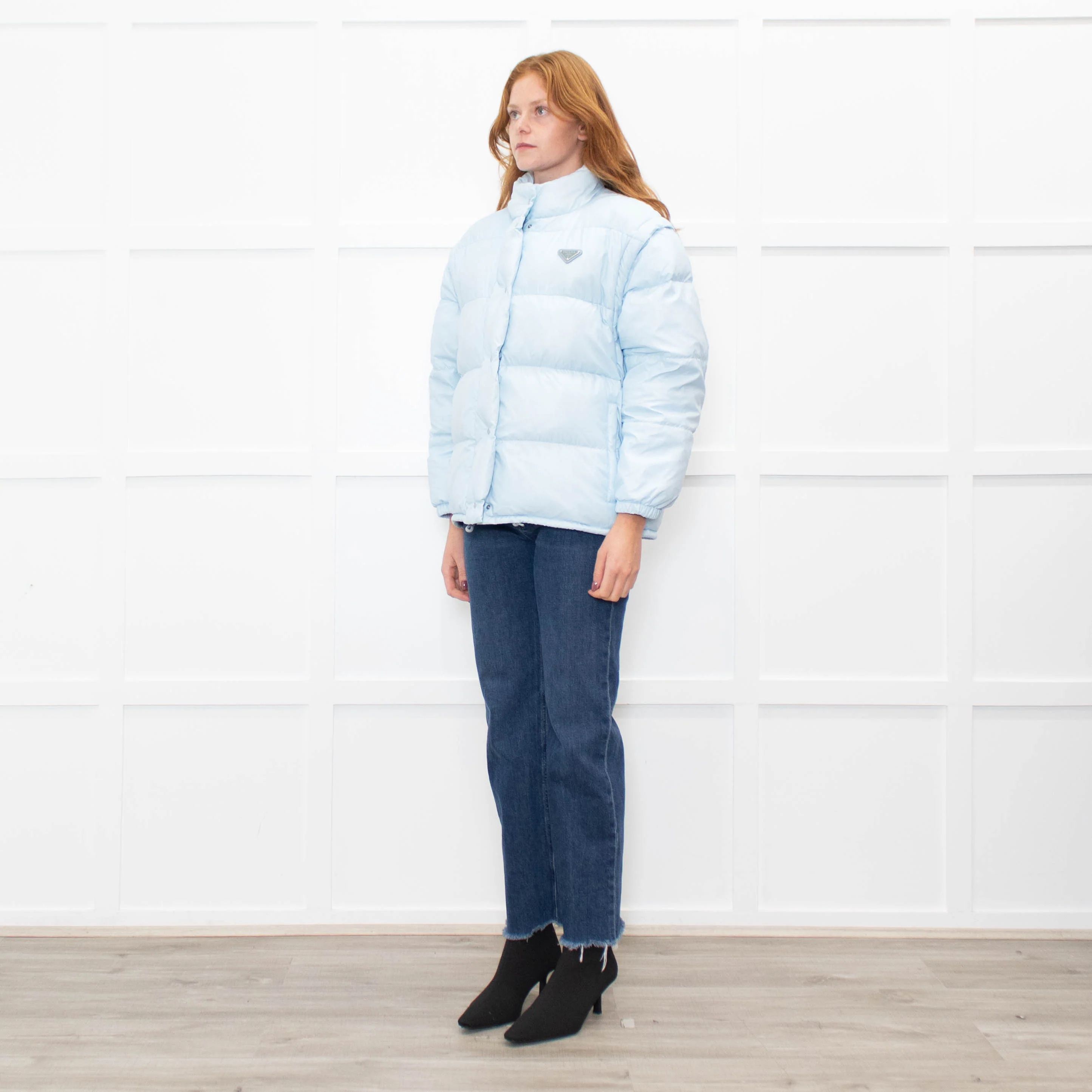 Prada Pale Blue Puffer Jacket with Zip Off Sleeves - Image 3