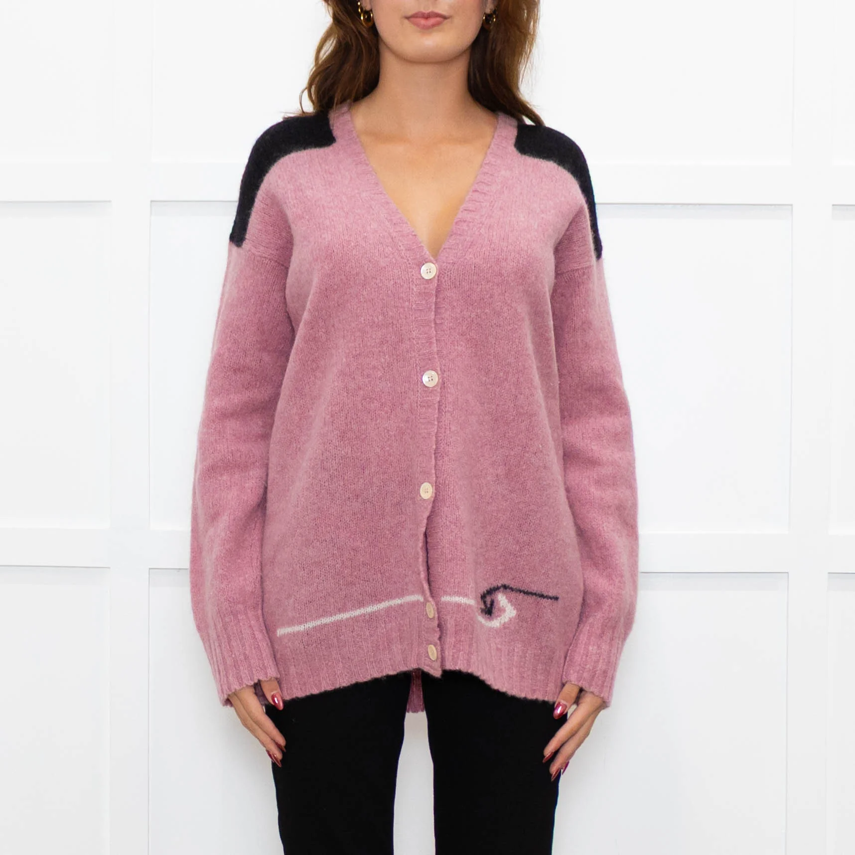 Prada Pink Black Logo Back Wool Oversized Cardigan - Image 2