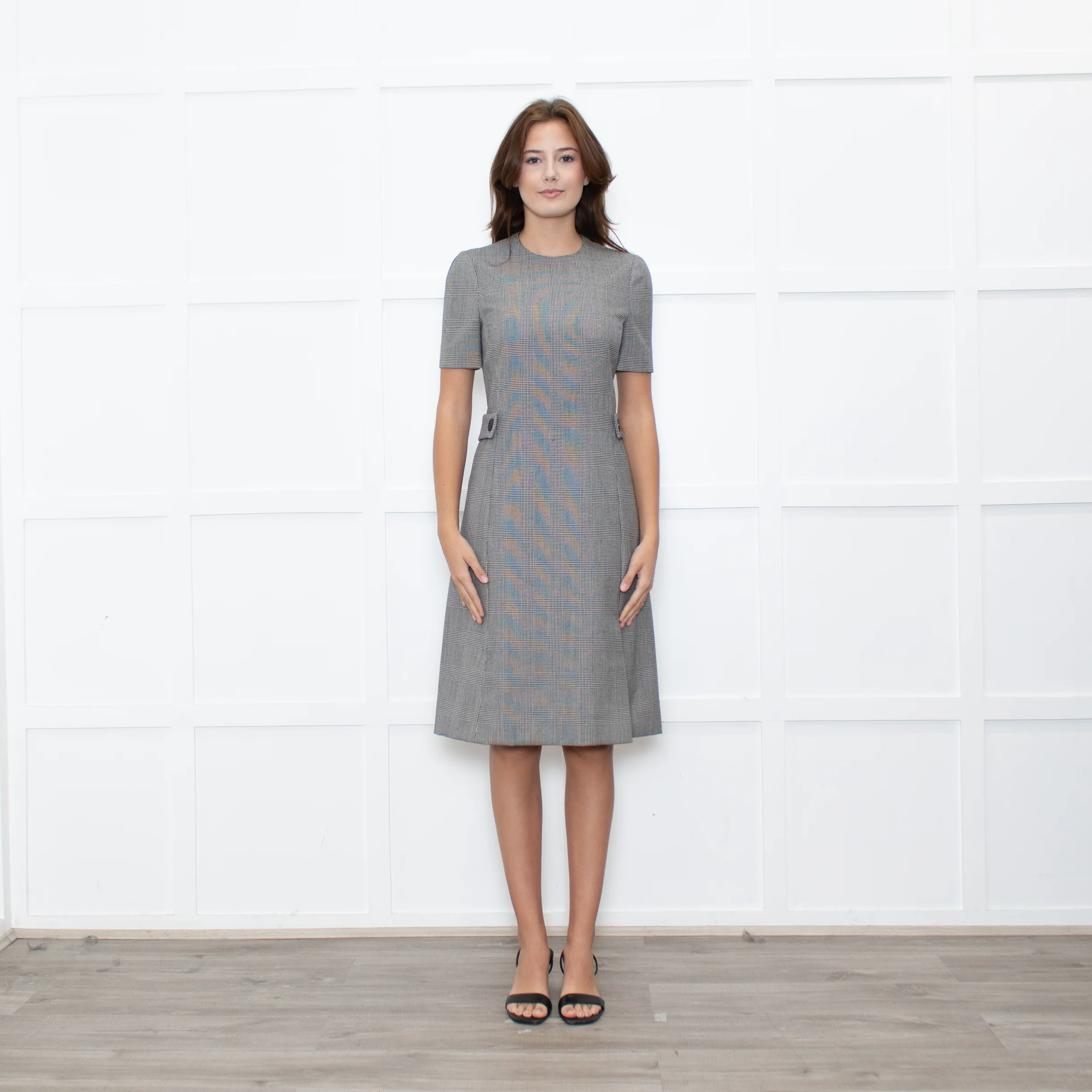 Prada Prince of Wales Check Short Sleeve Dress With Front Belt Detail