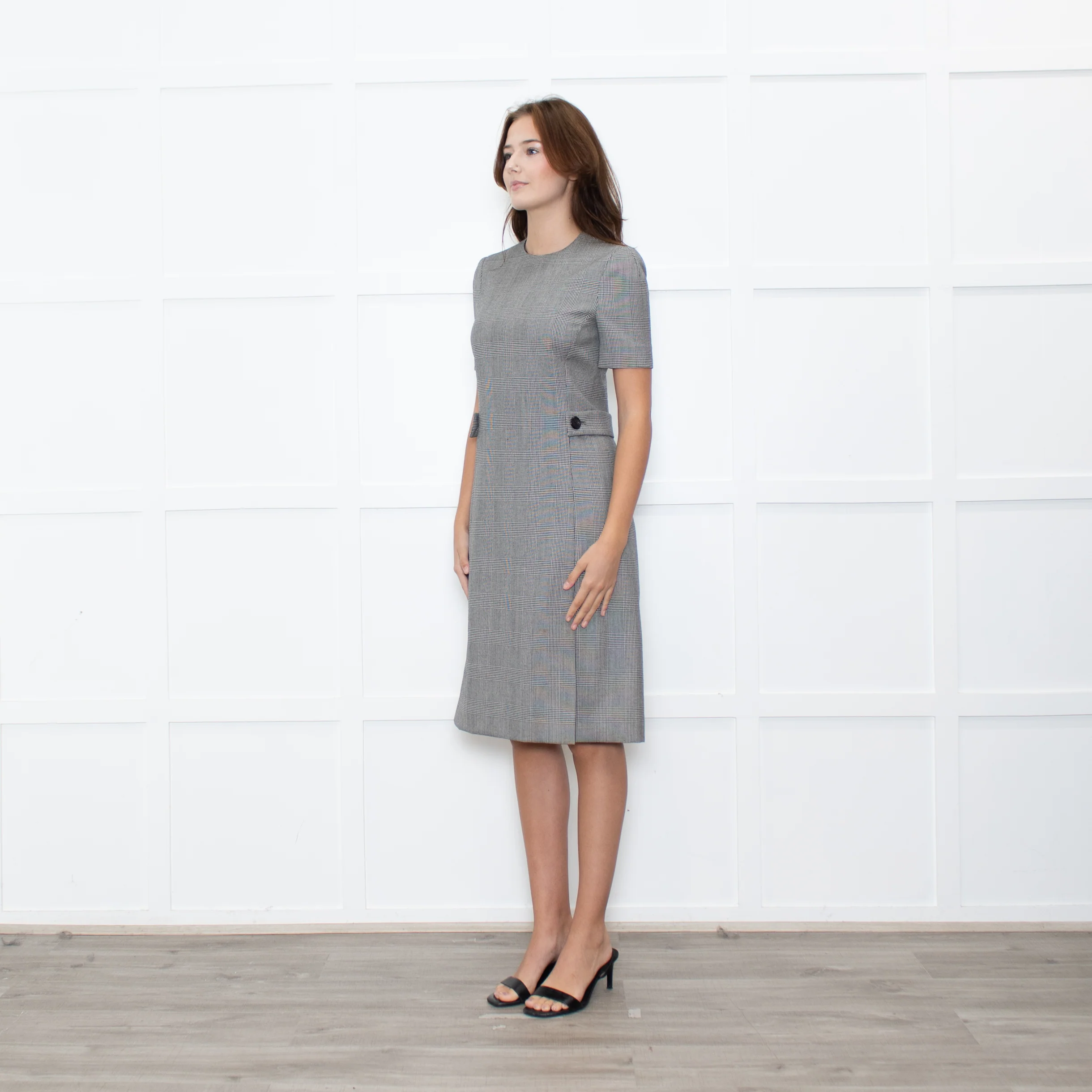 Prada Prince of Wales Check Short Sleeve Dress With Front Belt Detail - Image 3