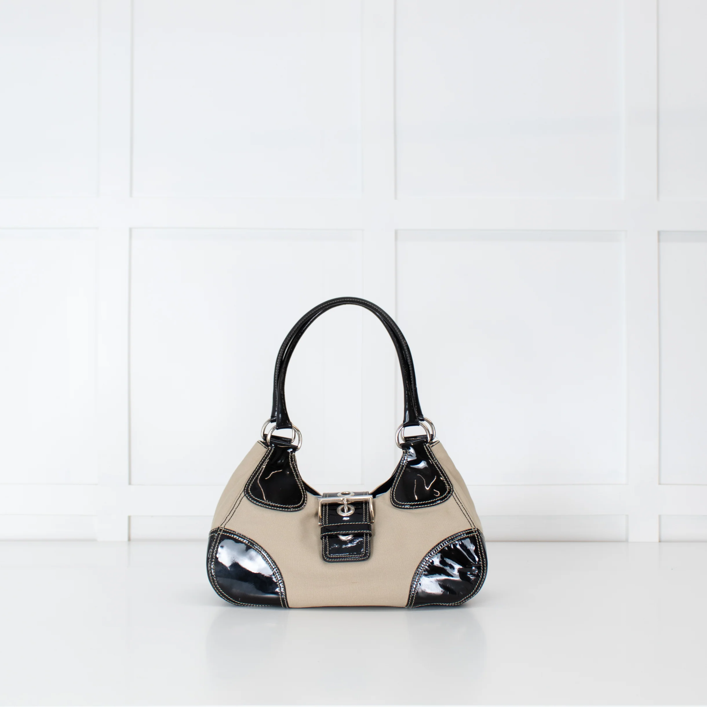 Prada Vintage Beige Canvas And Black Patent Moon Bag