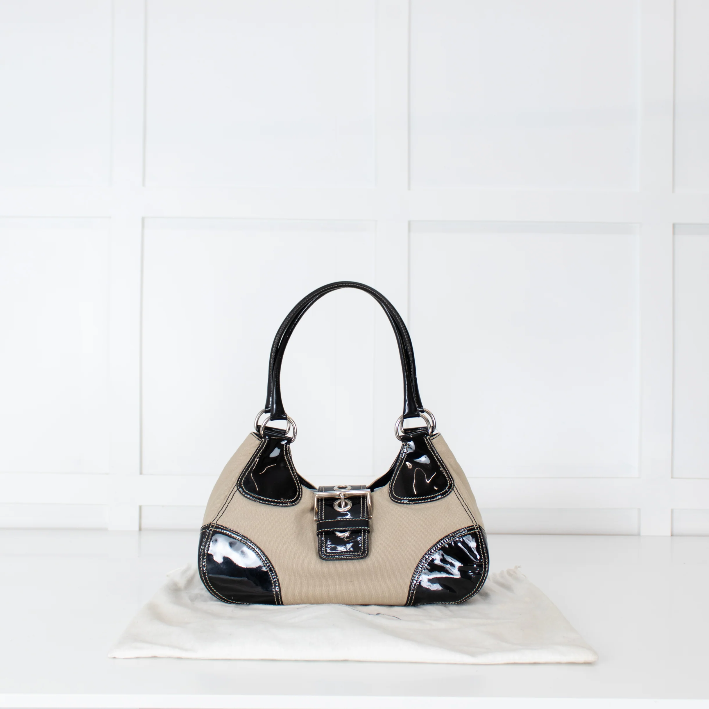 Prada Vintage Beige Canvas And Black Patent Moon Bag - Image 2