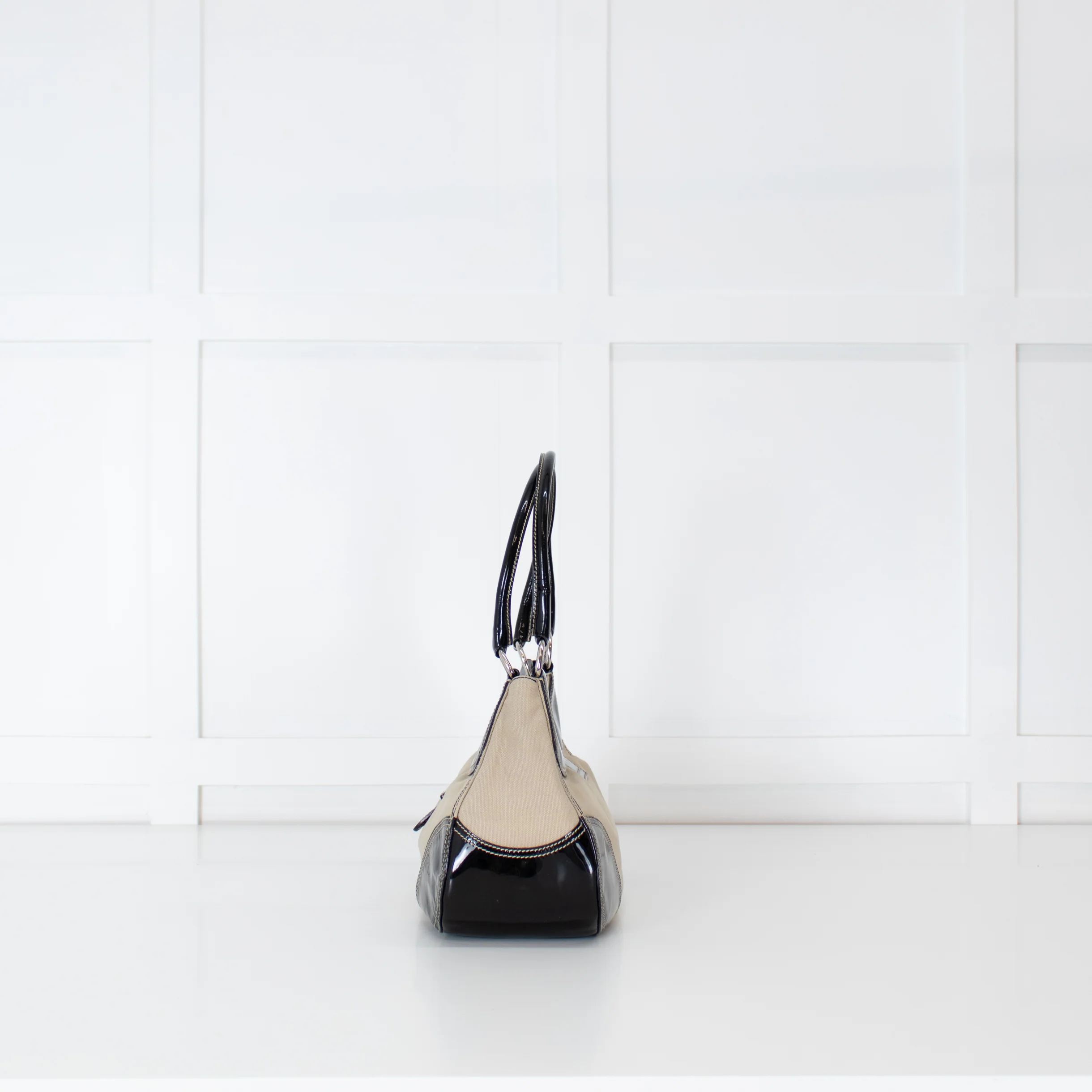 Prada Vintage Beige Canvas And Black Patent Moon Bag - Image 6