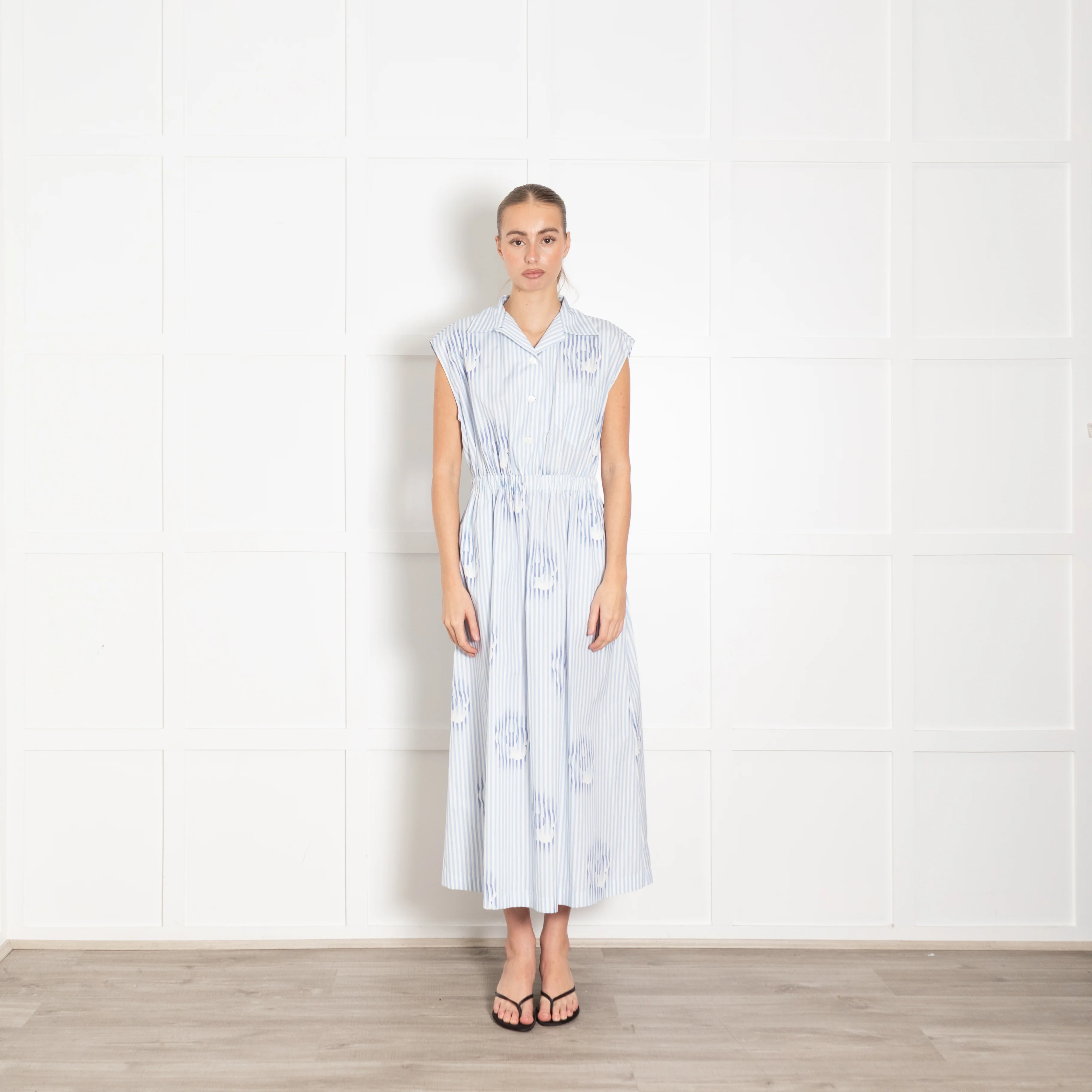 Prada White Blue Striped Cotton Sleeveless Maxi Dress