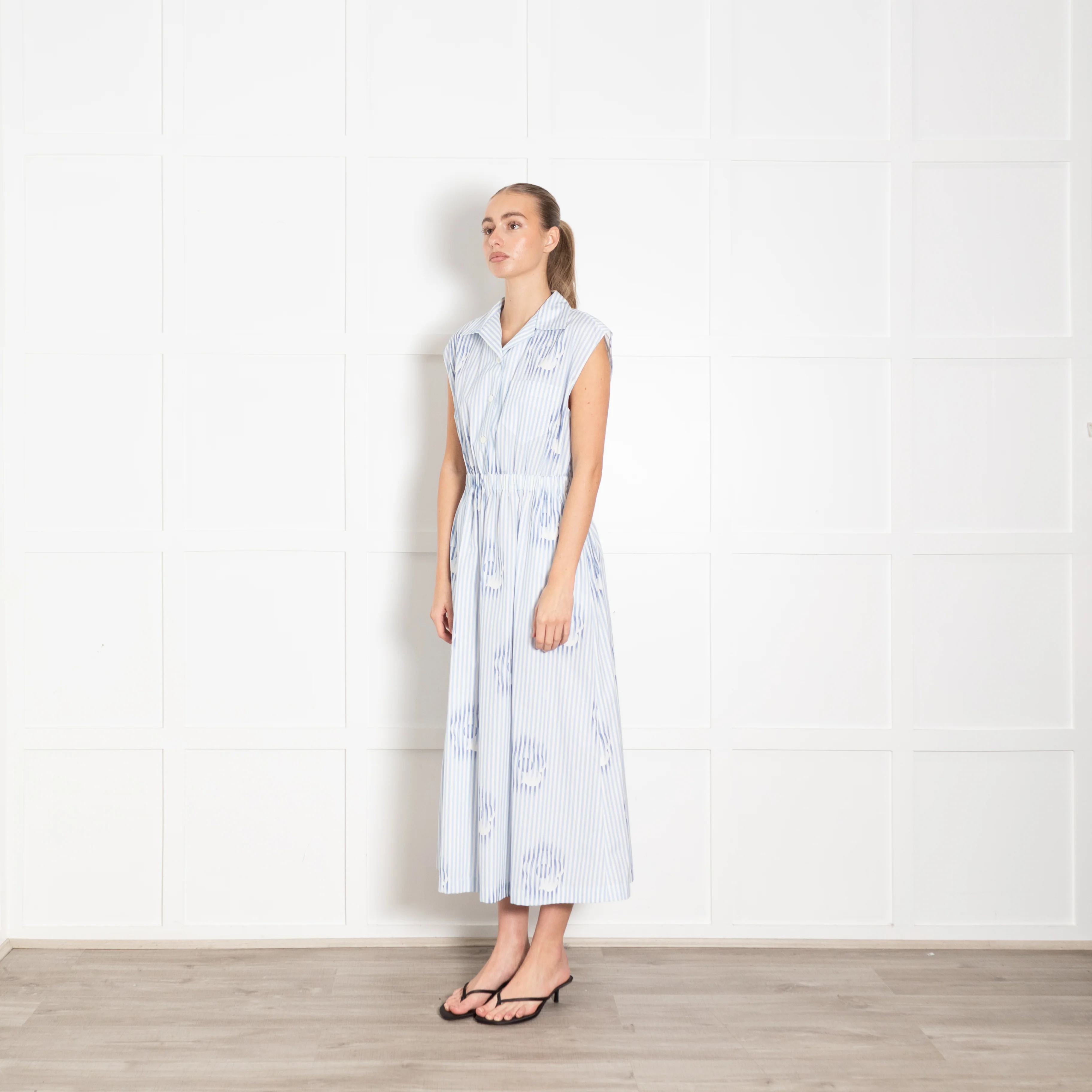 Prada White Blue Striped Cotton Sleeveless Maxi Dress - Image 3