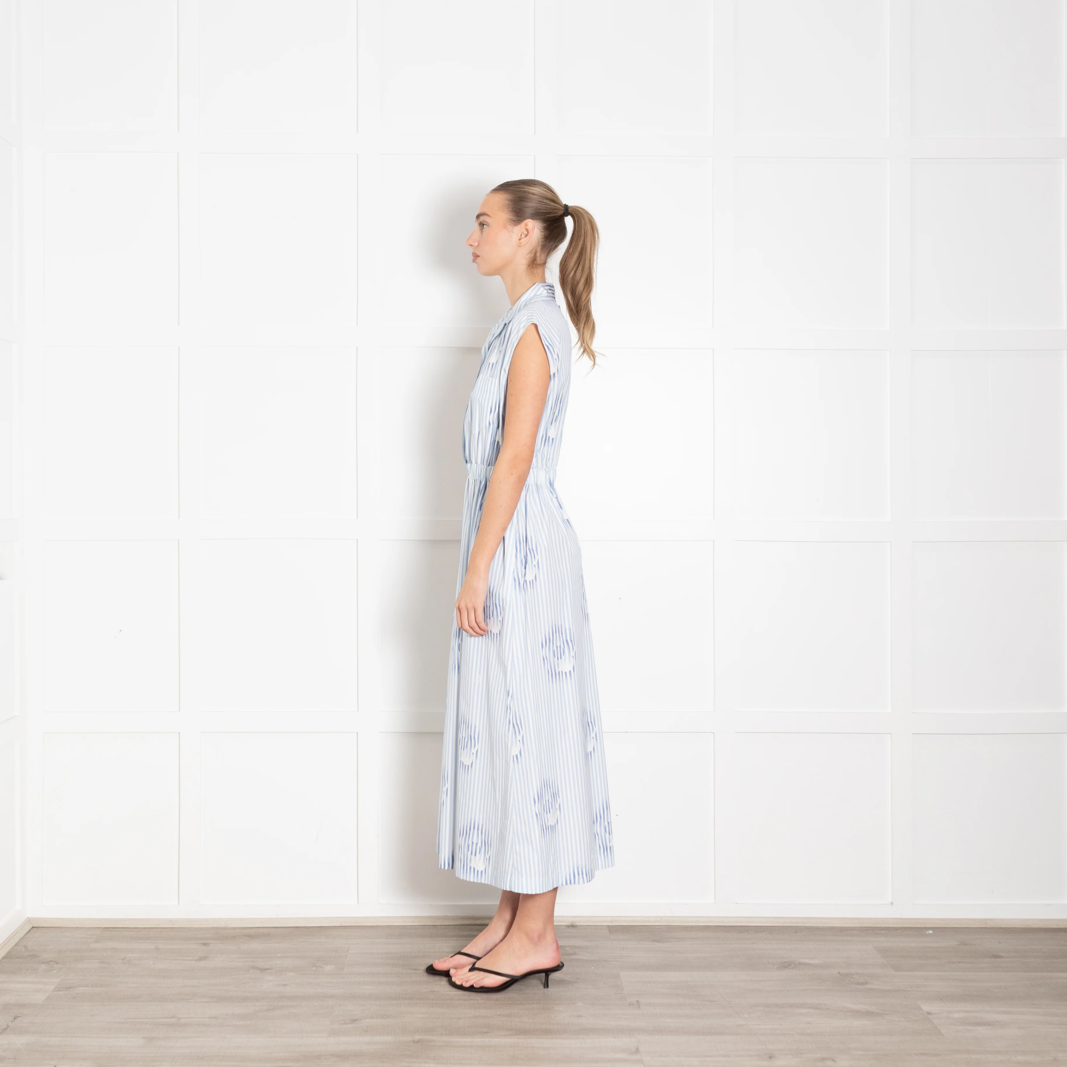 Prada White Blue Striped Cotton Sleeveless Maxi Dress - Image 4