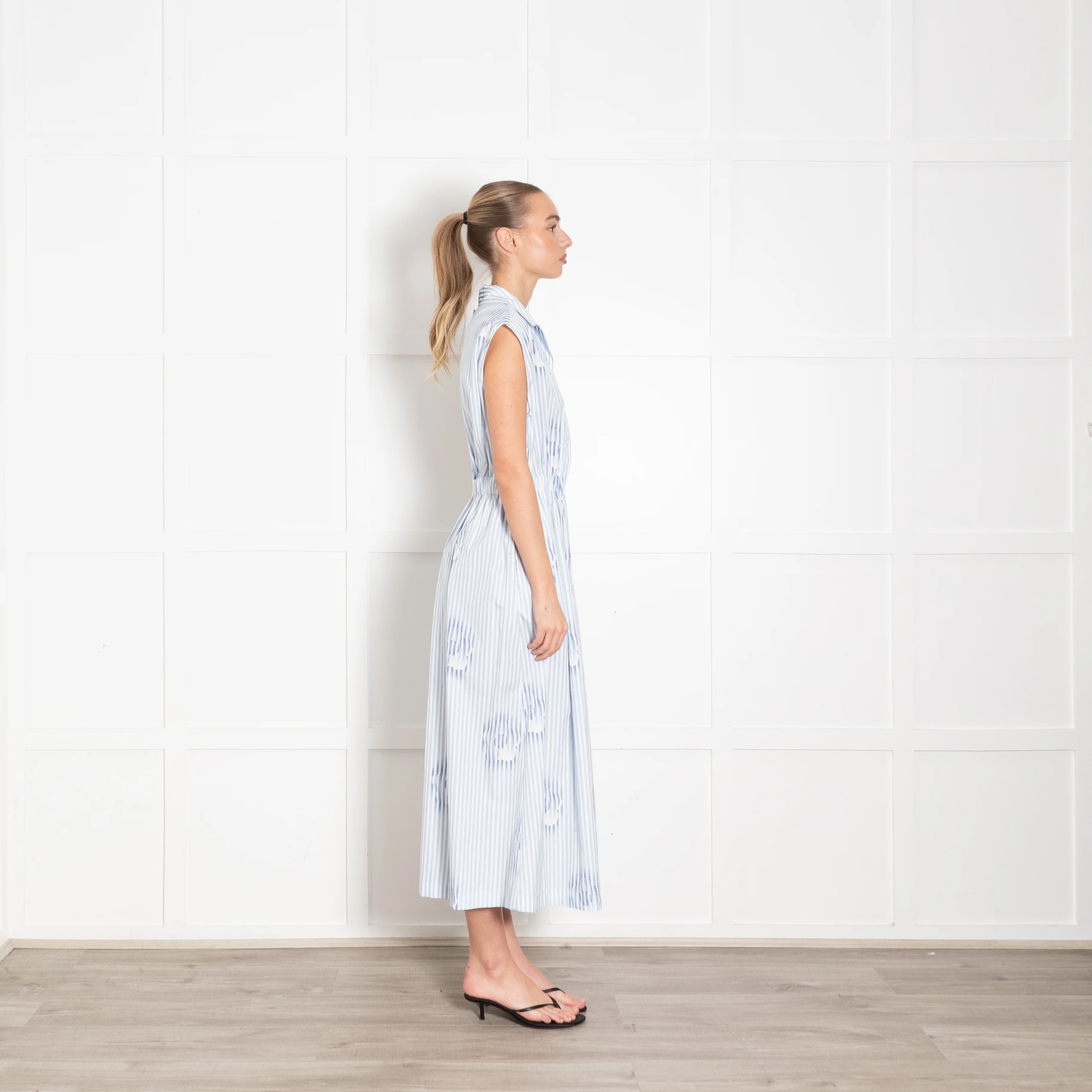 Prada White Blue Striped Cotton Sleeveless Maxi Dress - Image 6