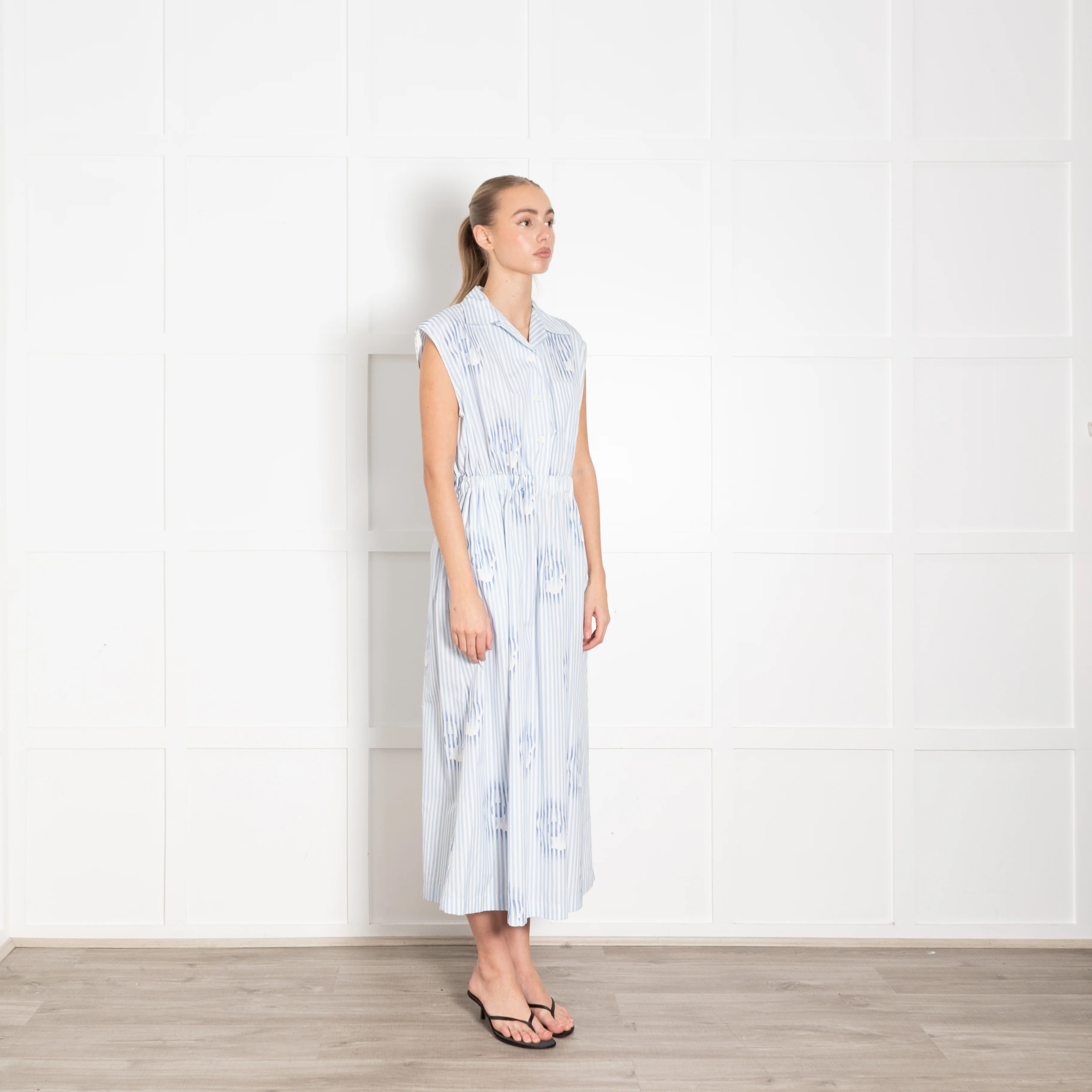 Prada White Blue Striped Cotton Sleeveless Maxi Dress - Image 7