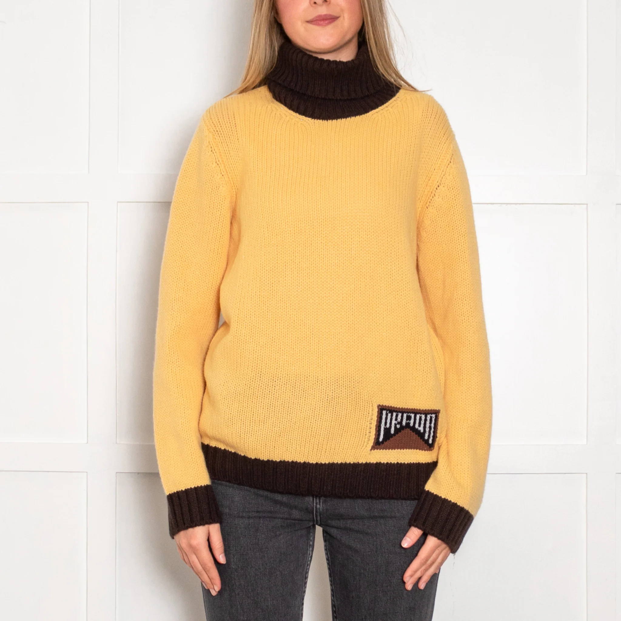 Prada Yellow Brown Trim Logo Cashmere Roll Neck Jumper - Image 2