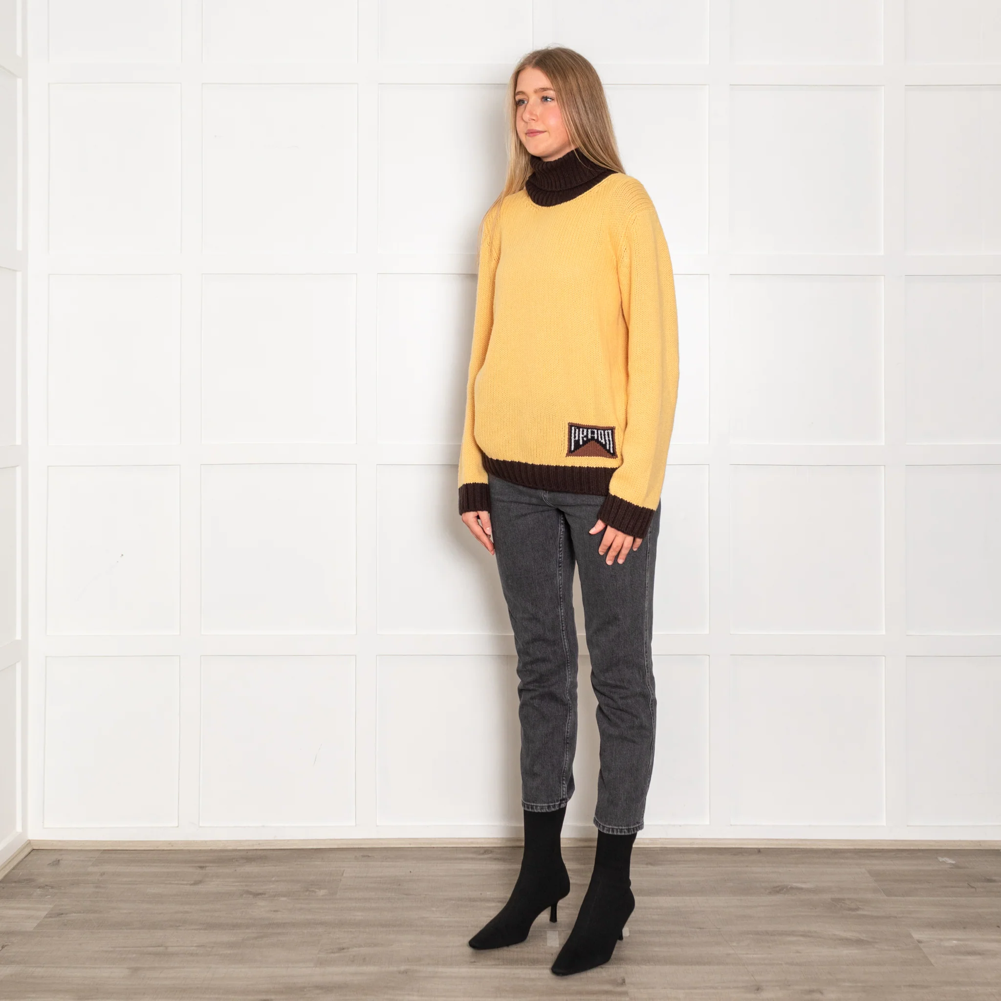 Prada Yellow Brown Trim Logo Cashmere Roll Neck Jumper - Image 3