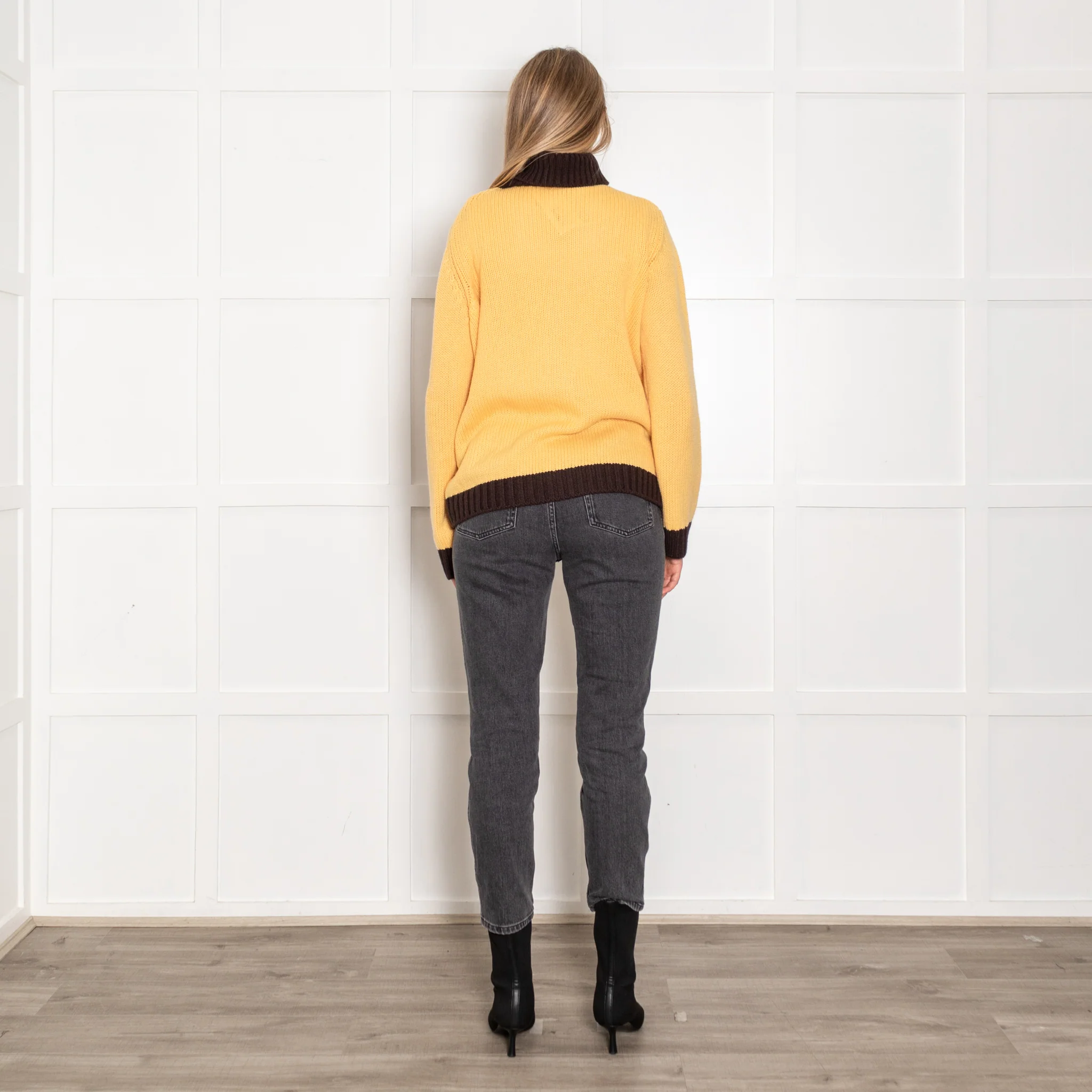 Prada Yellow Brown Trim Logo Cashmere Roll Neck Jumper - Image 5