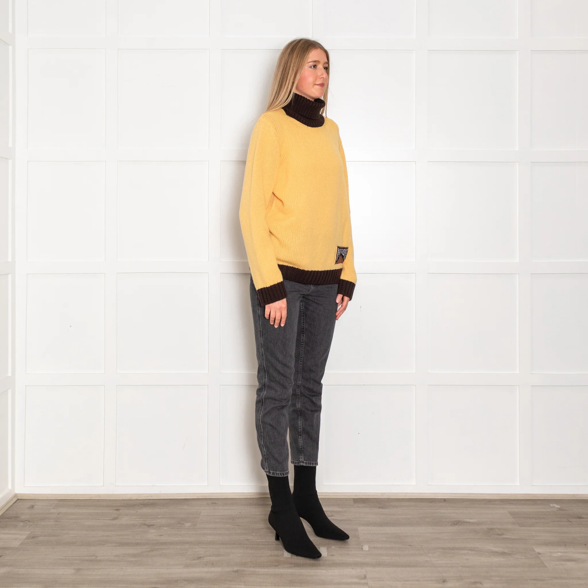 Prada Yellow Brown Trim Logo Cashmere Roll Neck Jumper - Image 7