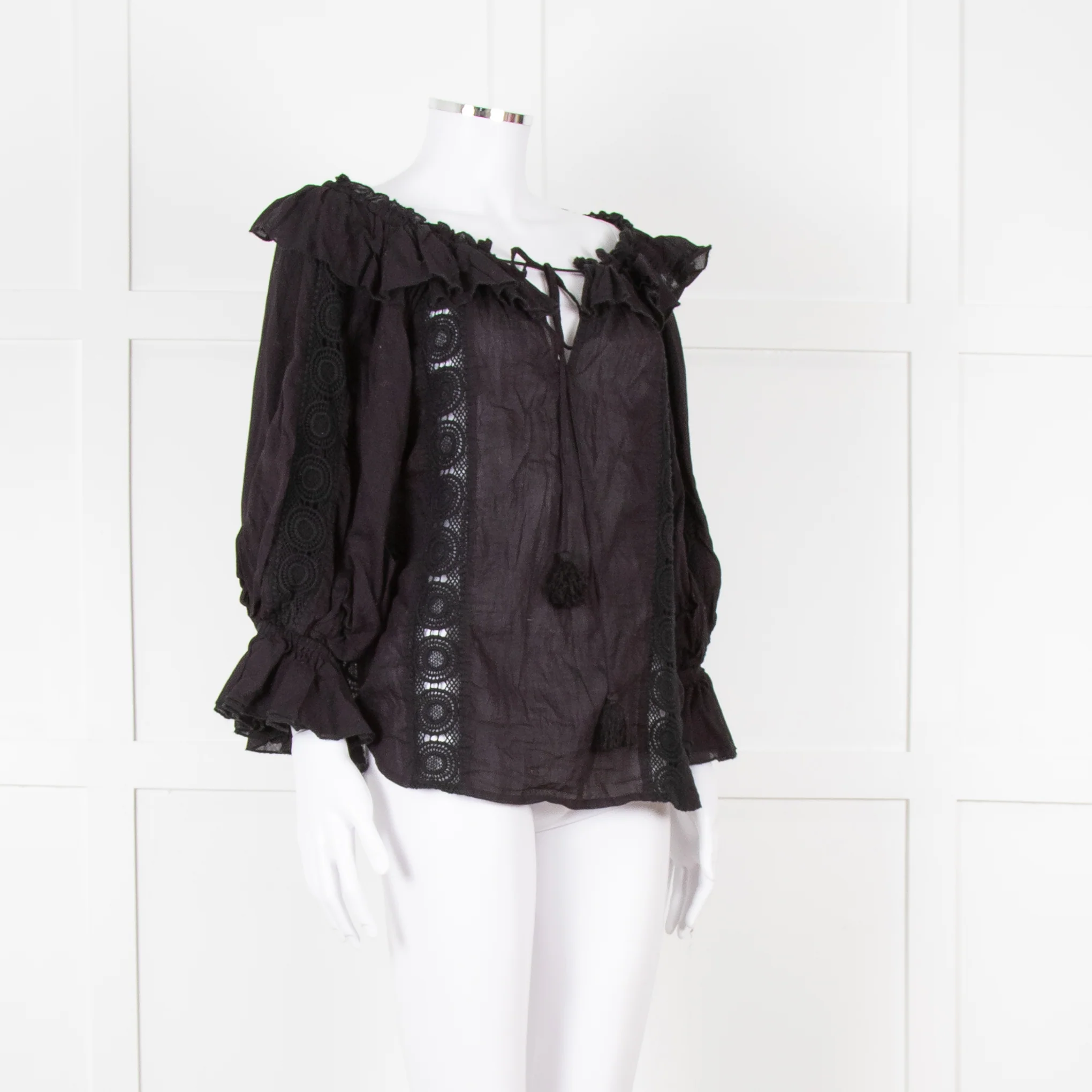 Pranella Black Cotton and Lace Frilled Blouse - Image 8