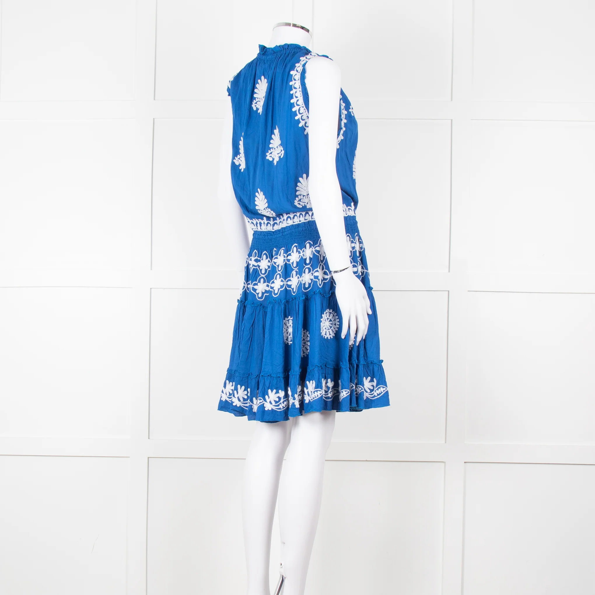 Pranella Blue White Embroidered Sleeveless Sun Dress - Image 4