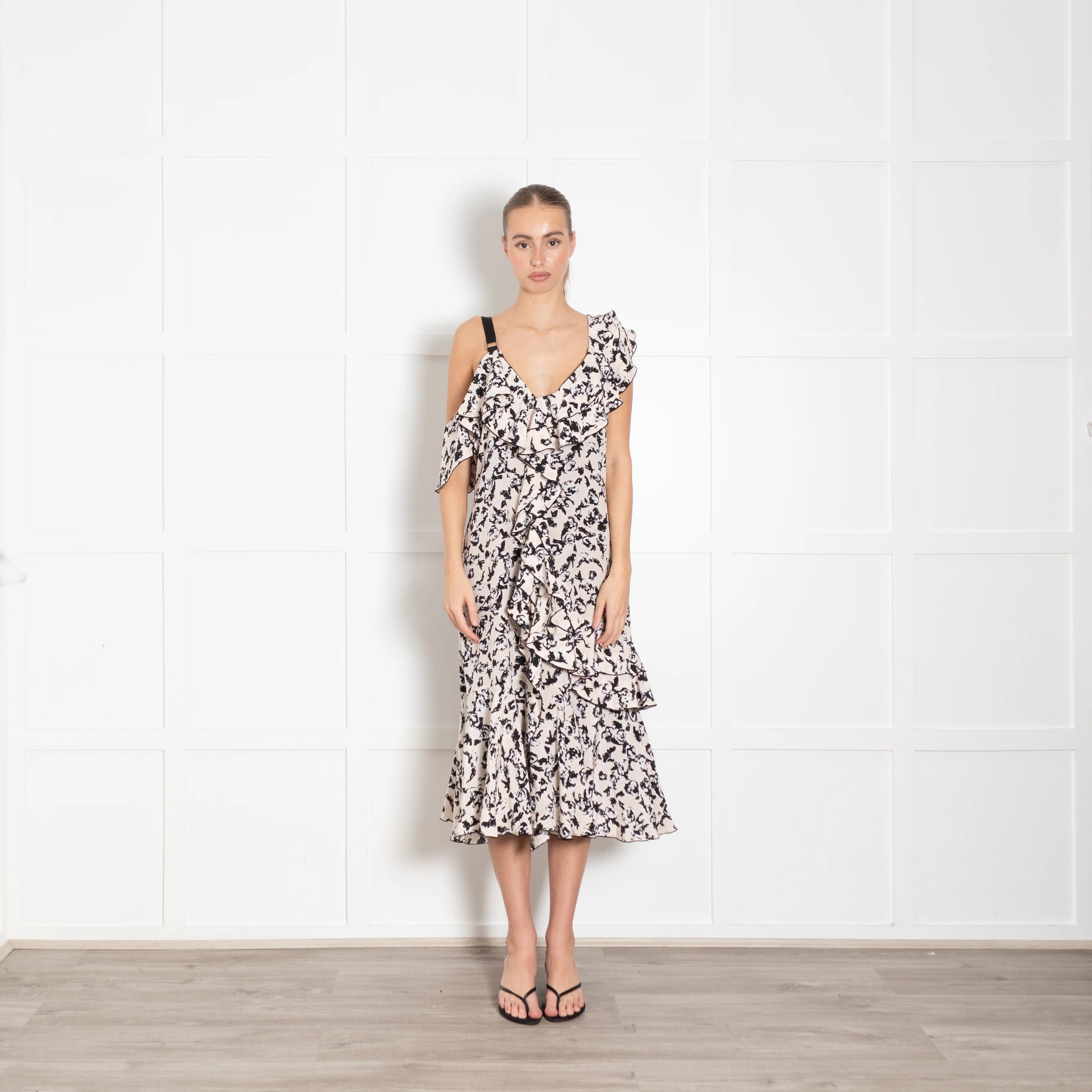 Proenza Schouler Nude Black White One Shoulder Ruffle Silk Dress