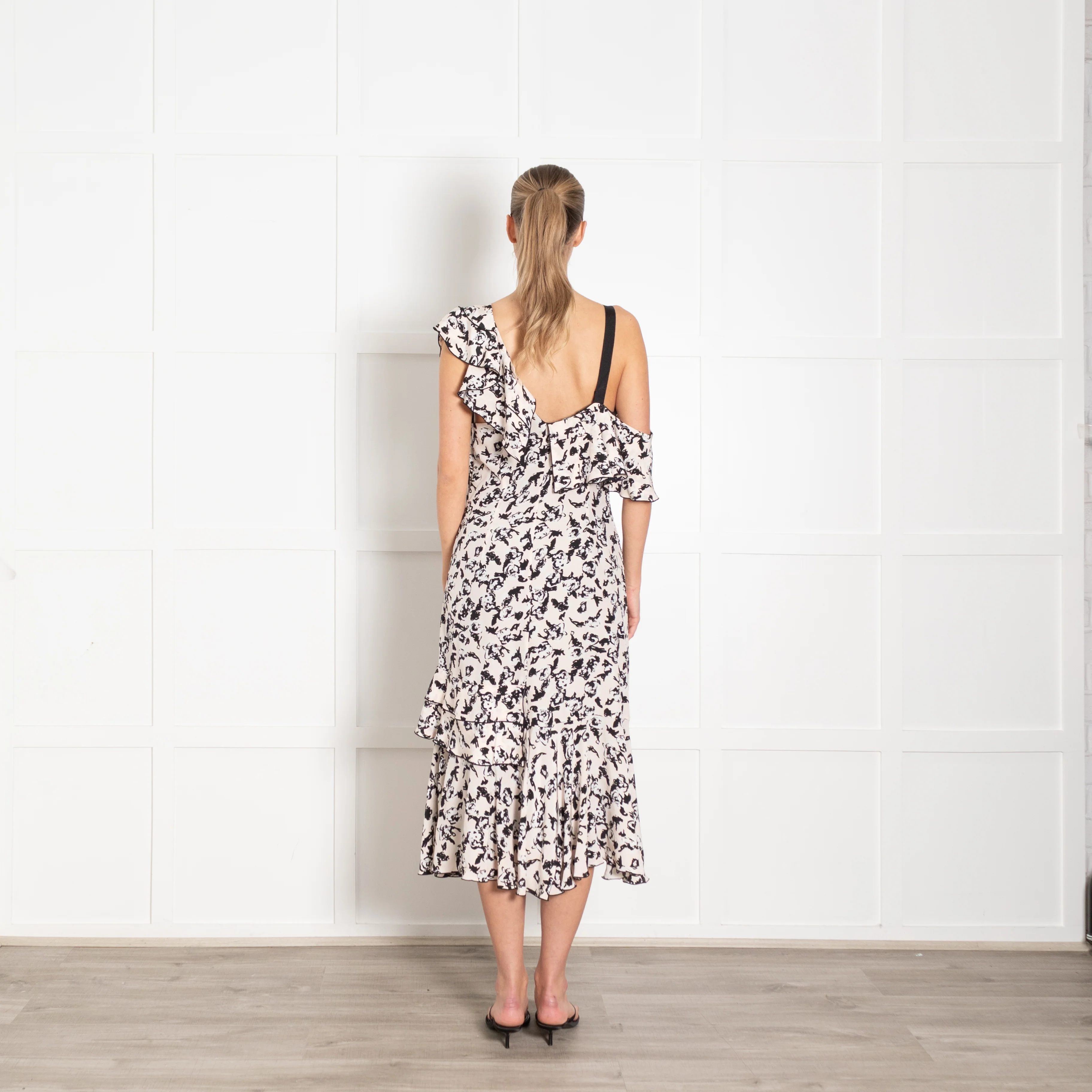 Proenza Schouler Nude Black White One Shoulder Ruffle Silk Dress - Image 5
