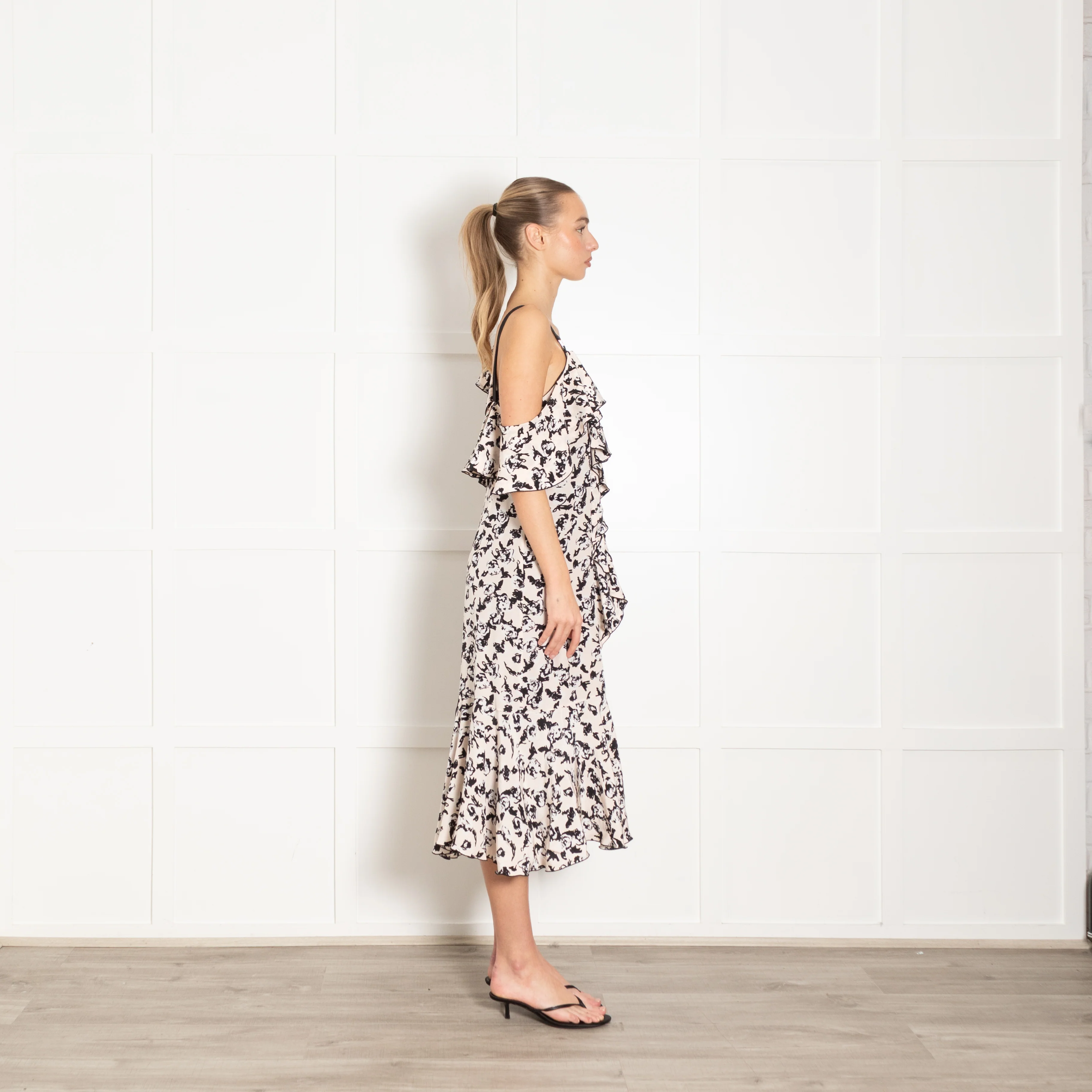 Proenza Schouler Nude Black White One Shoulder Ruffle Silk Dress - Image 6