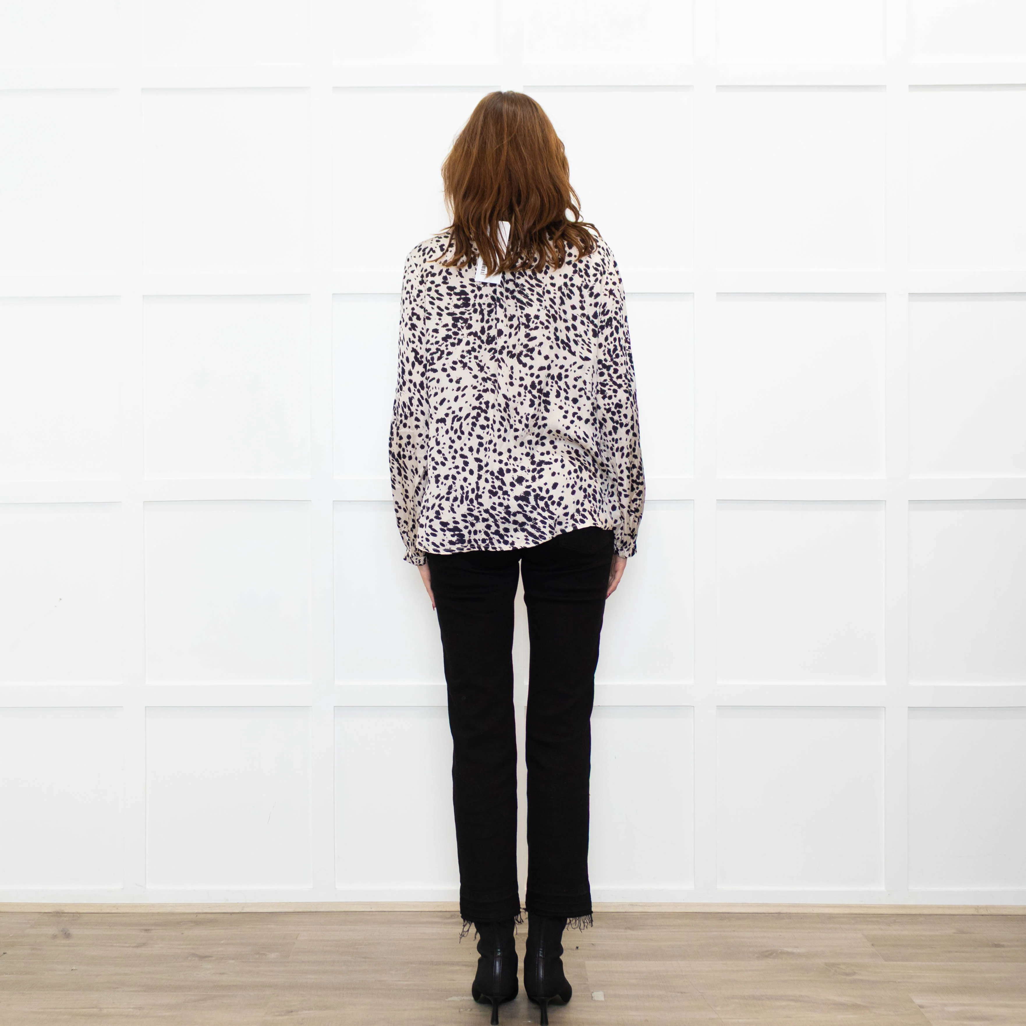 Project AJ 117 Cream Black Animal Print Ruffle Trim Blouse - Image 5
