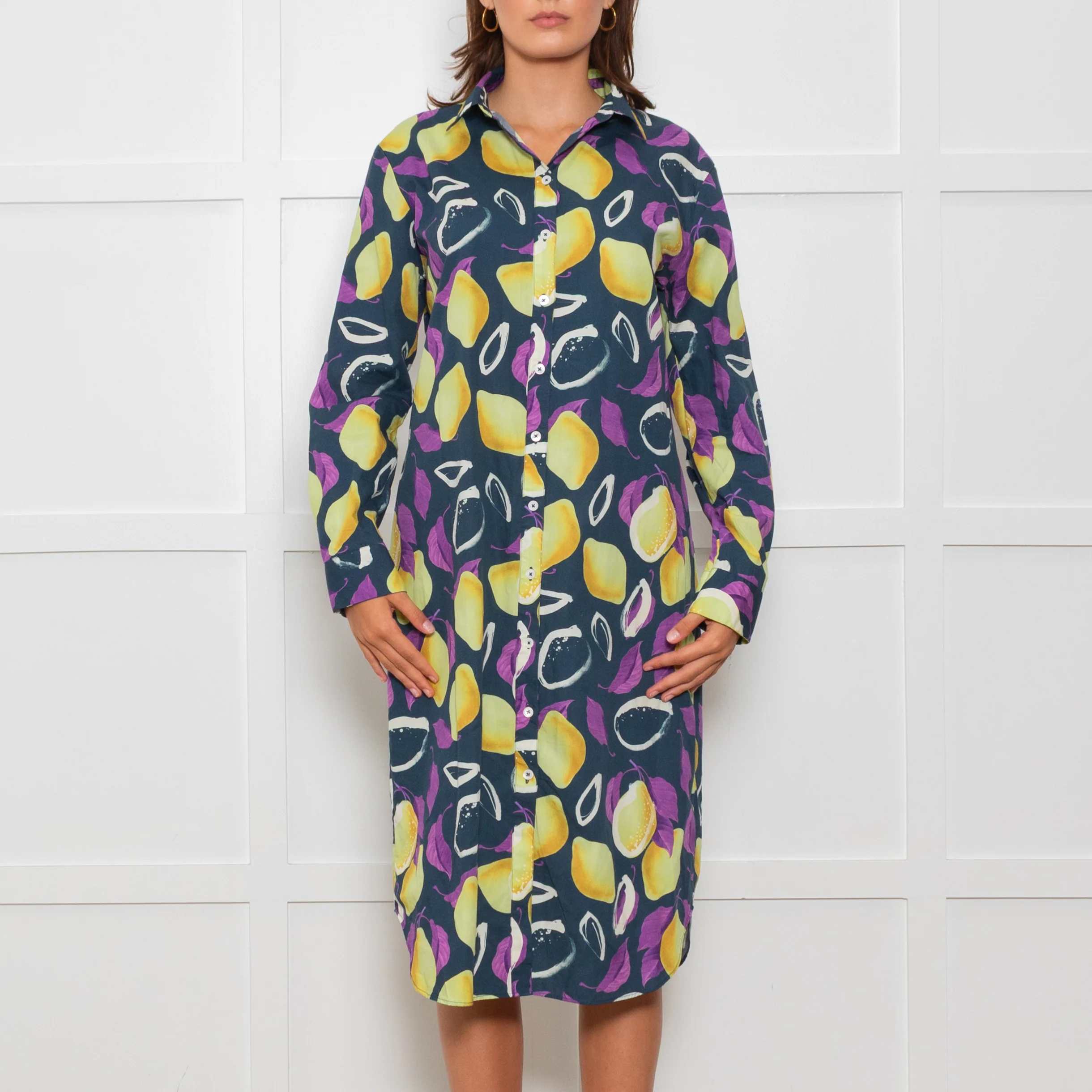 PS Paul Smith Navy Blue Yellow Fruit Print Shirt Dress - Image 2