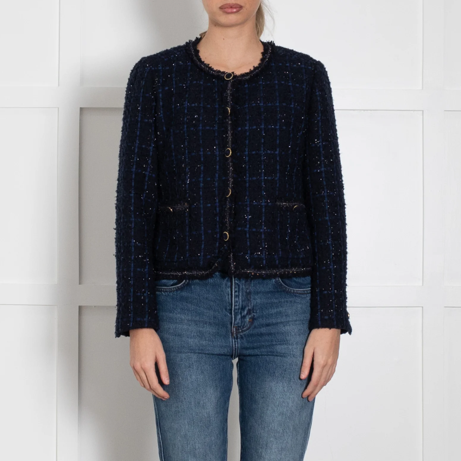 Pure Collection Navy Blue Lurex Trim Gold Button Jacket - Image 2