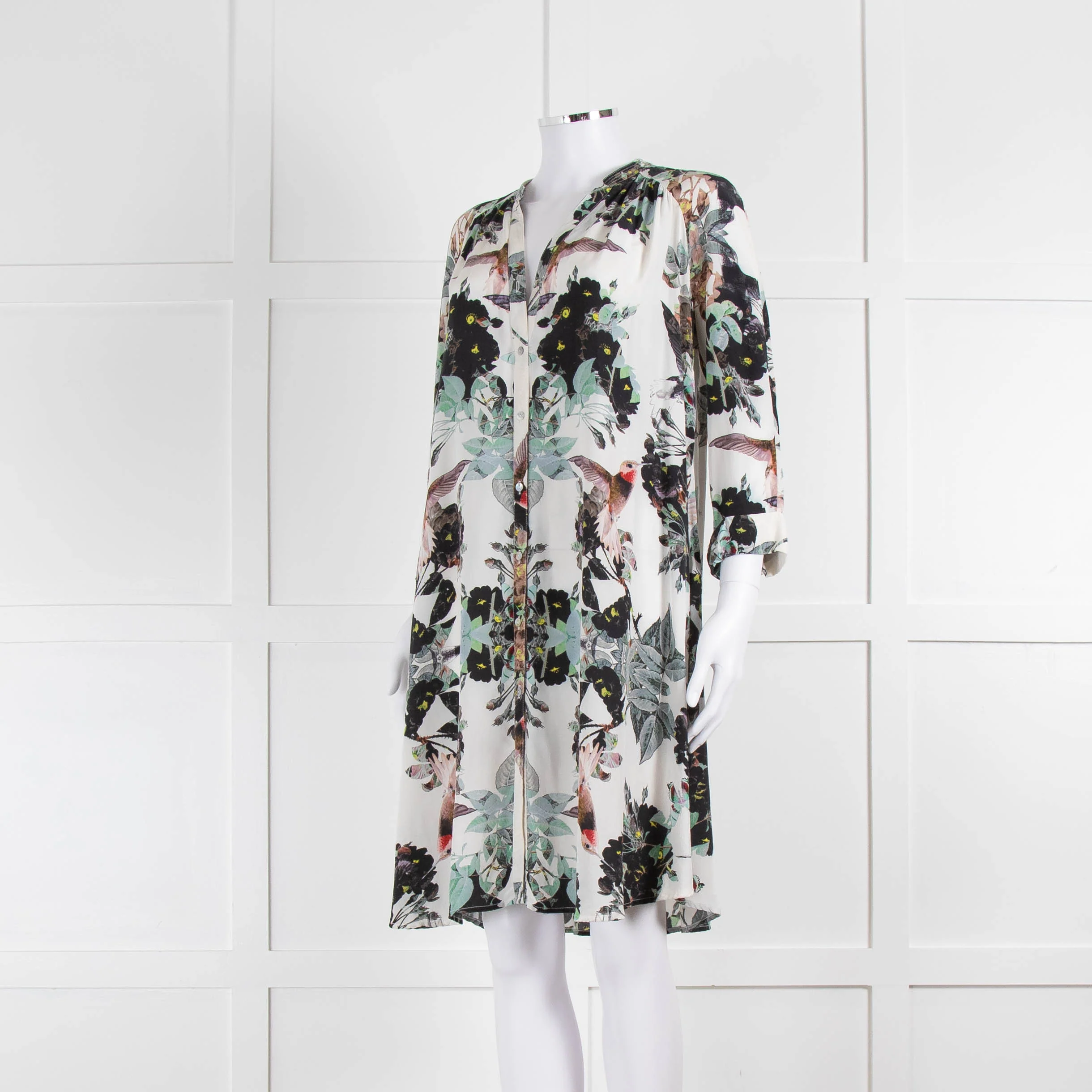 Pyrus Cream Green Floral Silk Shirt Dress - Image 8