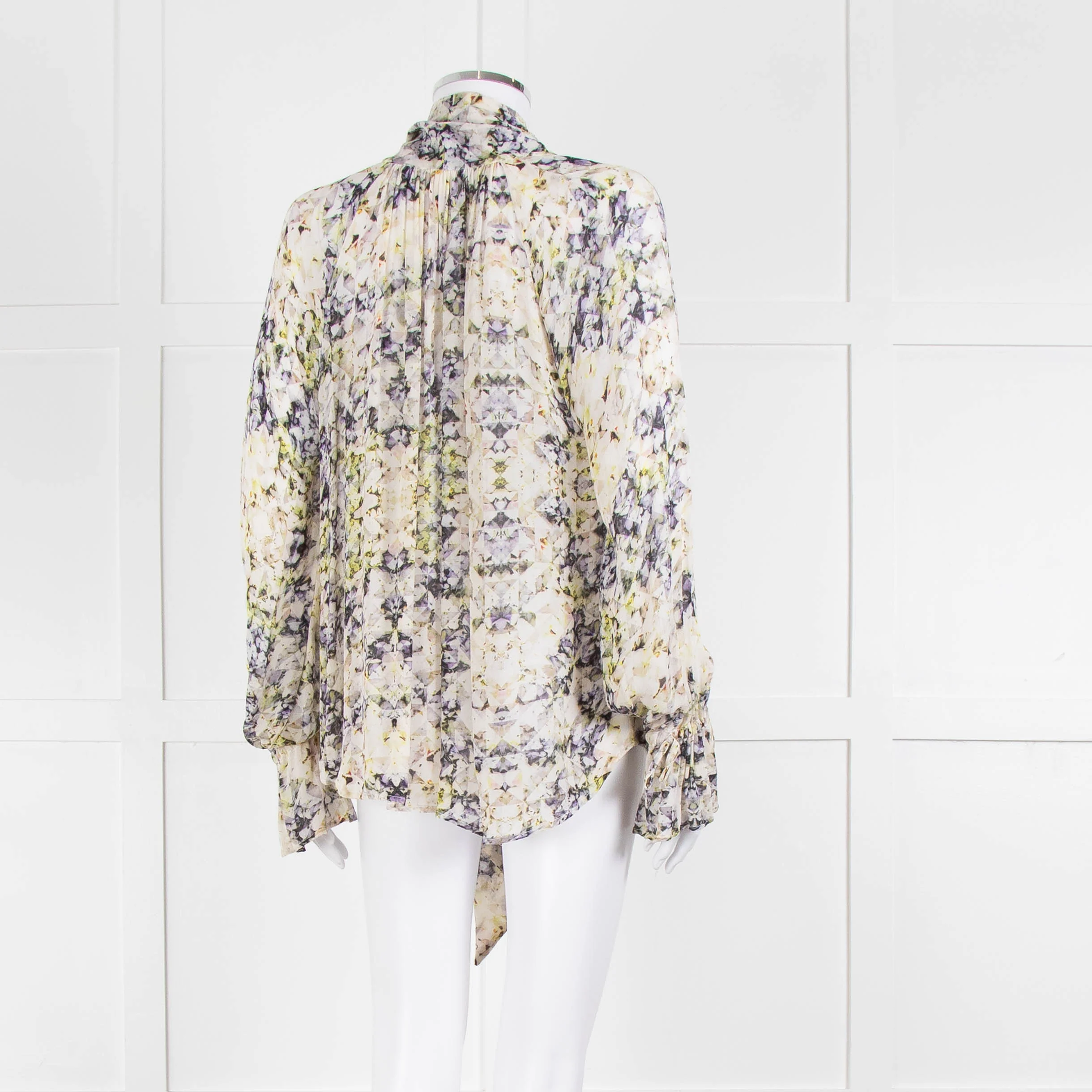 Pyrus Cream Purple Green Sheer Oversized Neck Tie Long Sleeve Top - Image 4