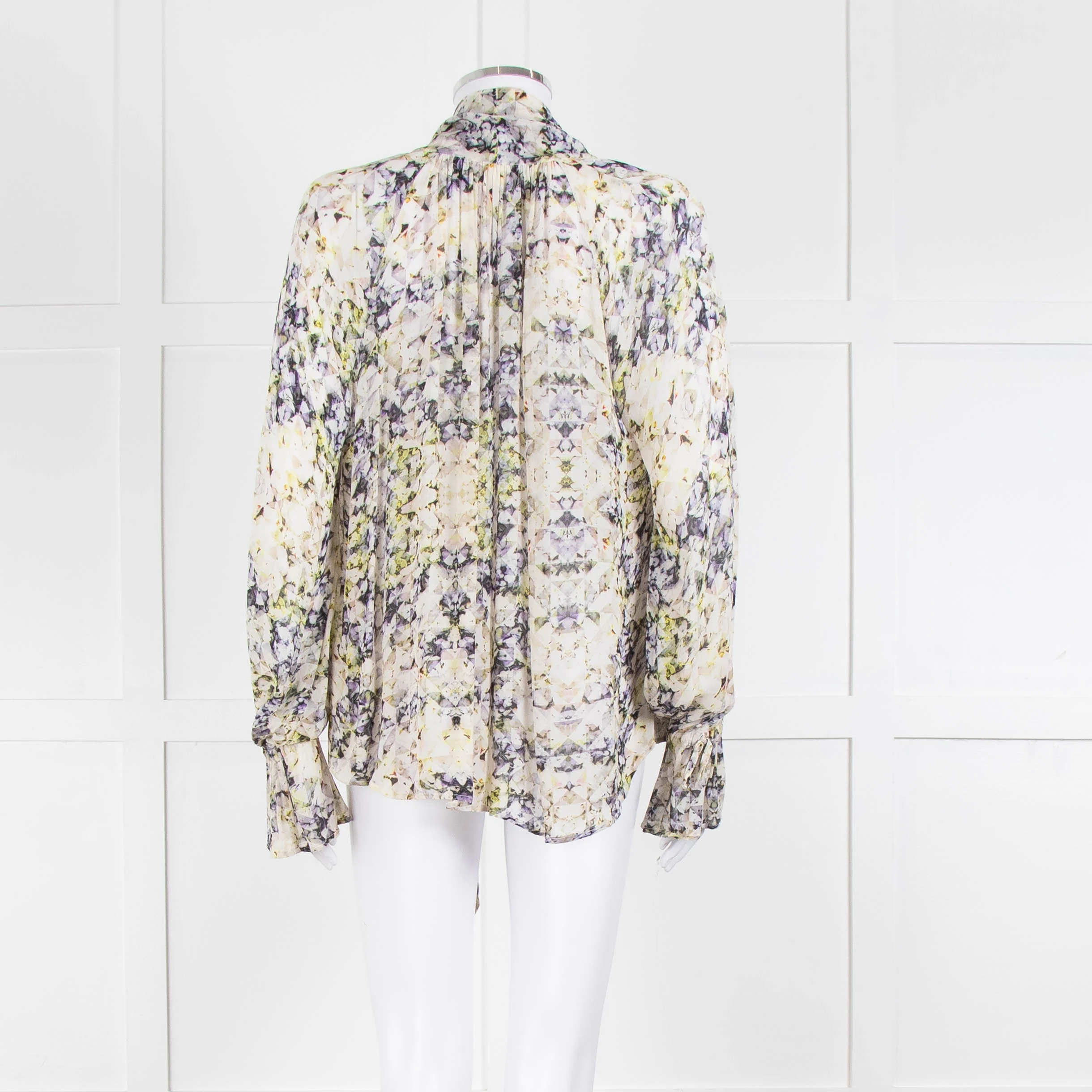 Pyrus Cream Purple Green Sheer Oversized Neck Tie Long Sleeve Top - Image 5
