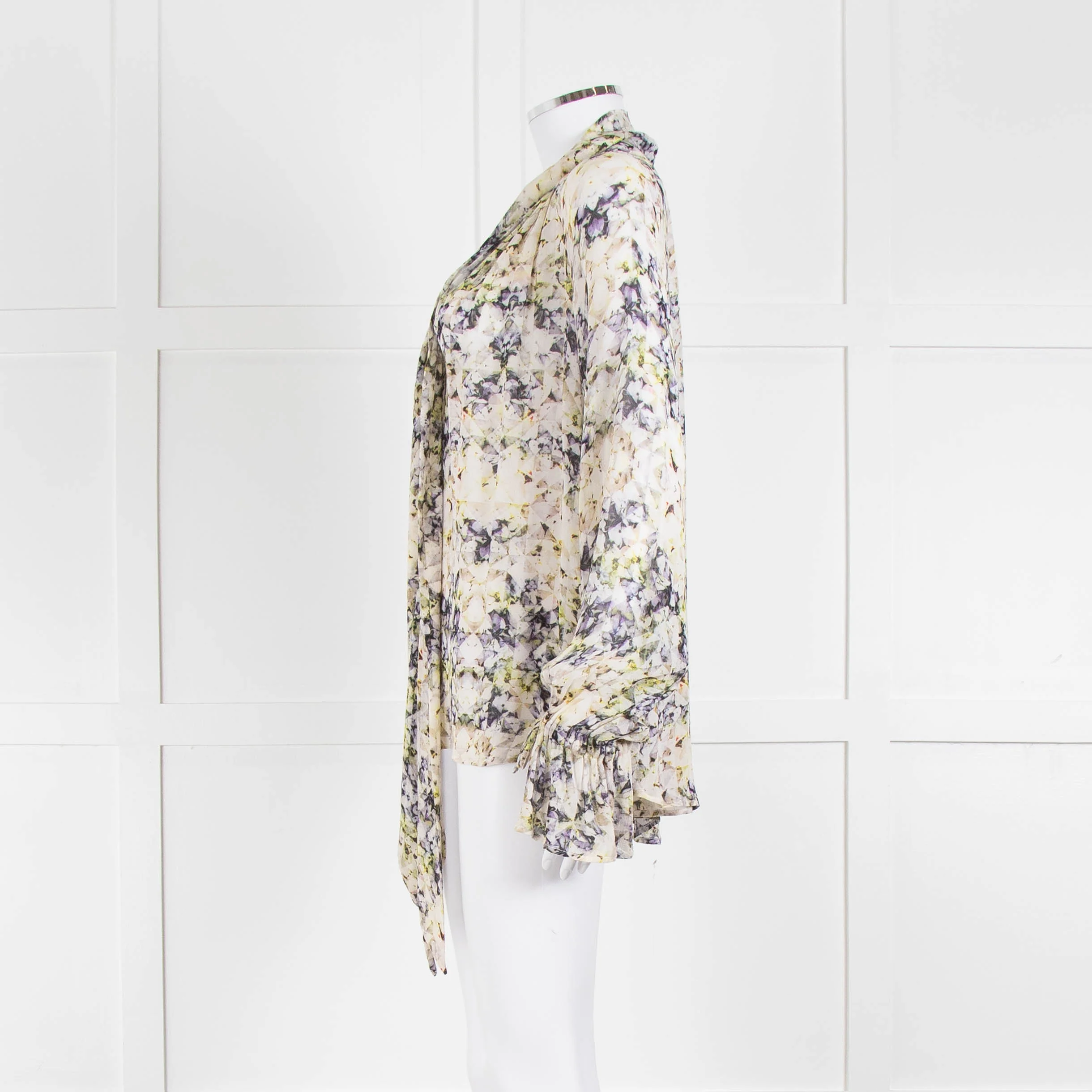 Pyrus Cream Purple Green Sheer Oversized Neck Tie Long Sleeve Top - Image 7