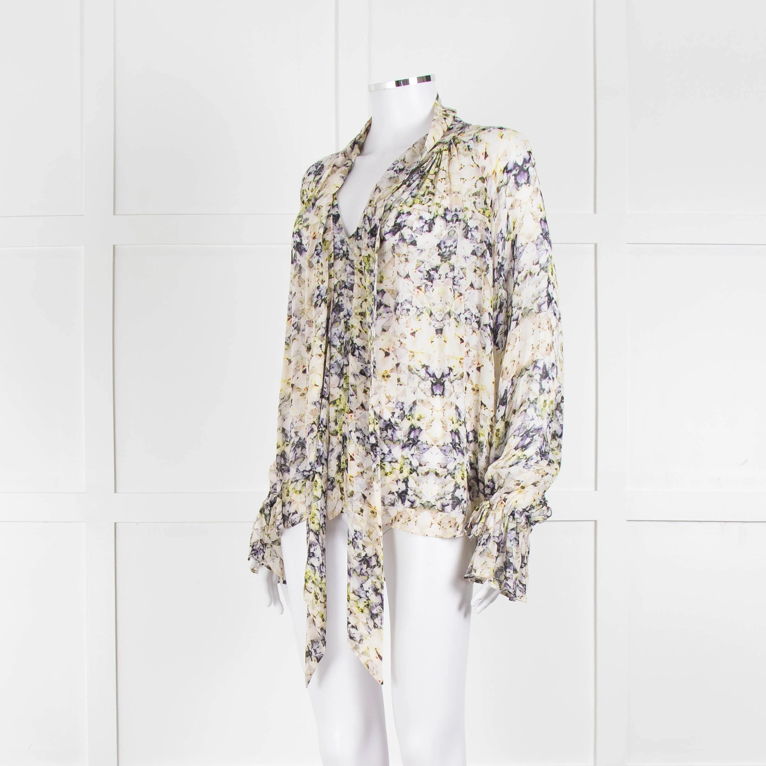 Pyrus Cream Purple Green Sheer Oversized Neck Tie Long Sleeve Top - Image 8