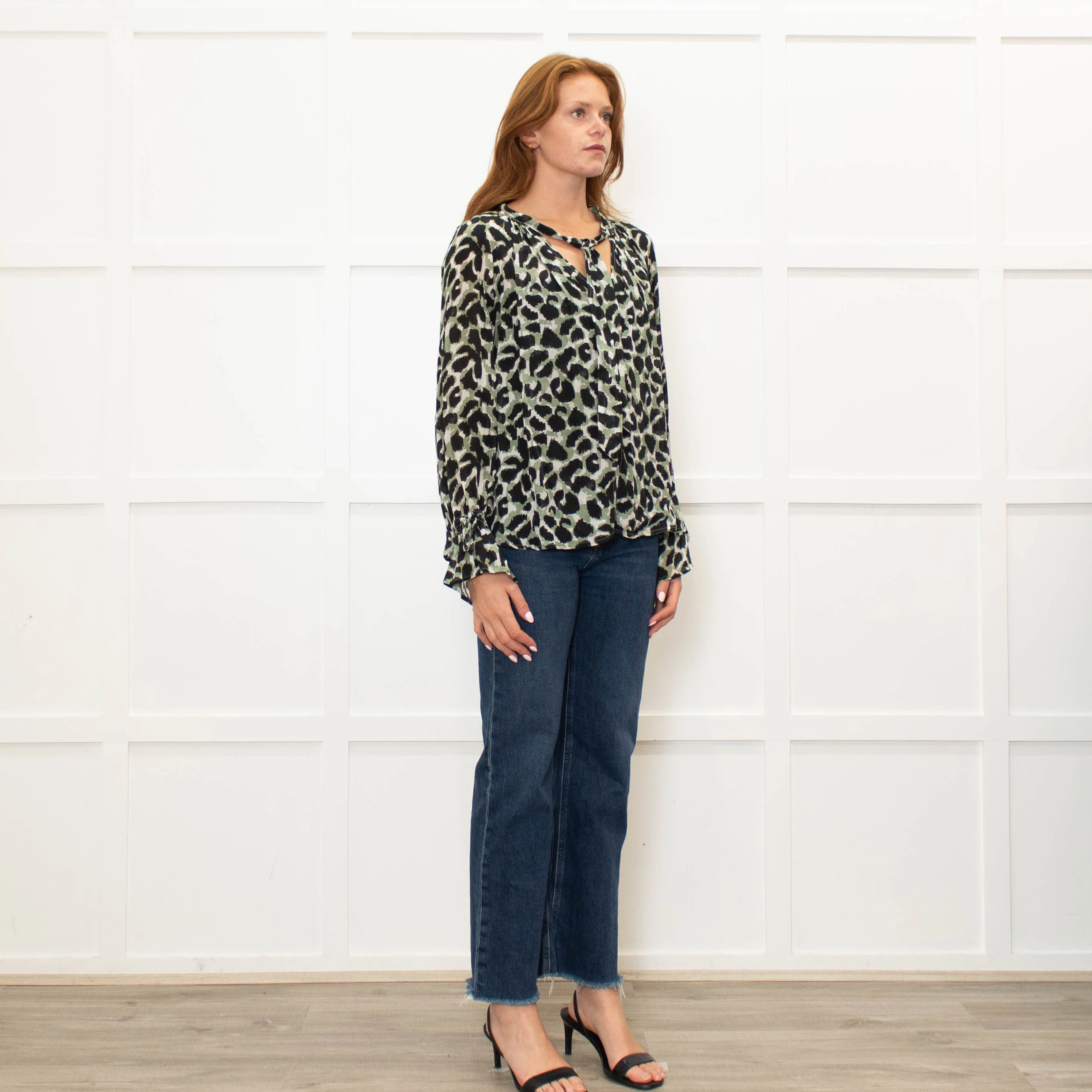 Pyrus Green Black Animal Print Tie Neck Blouse - Image 7