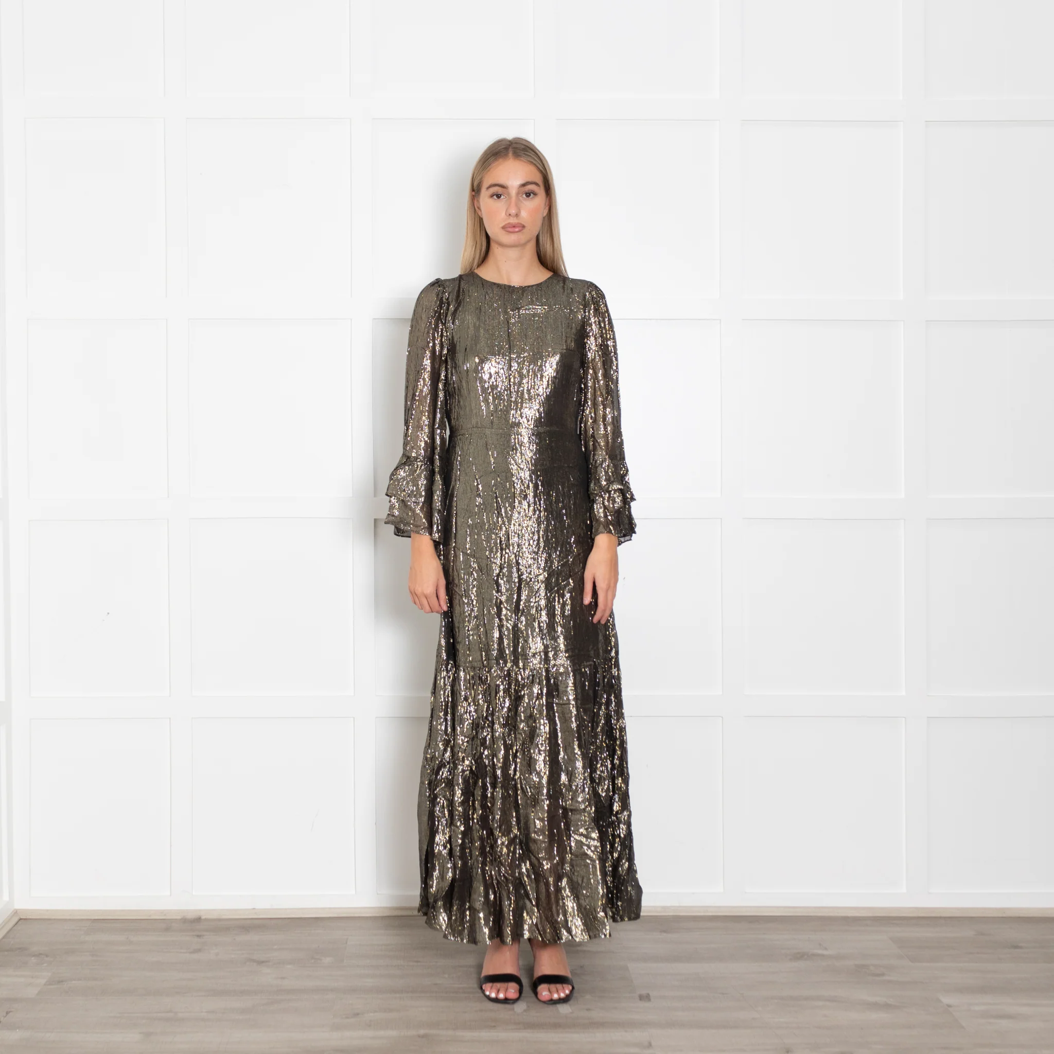 Queens of Archive Black and Gold Tiered Maxi Dress
