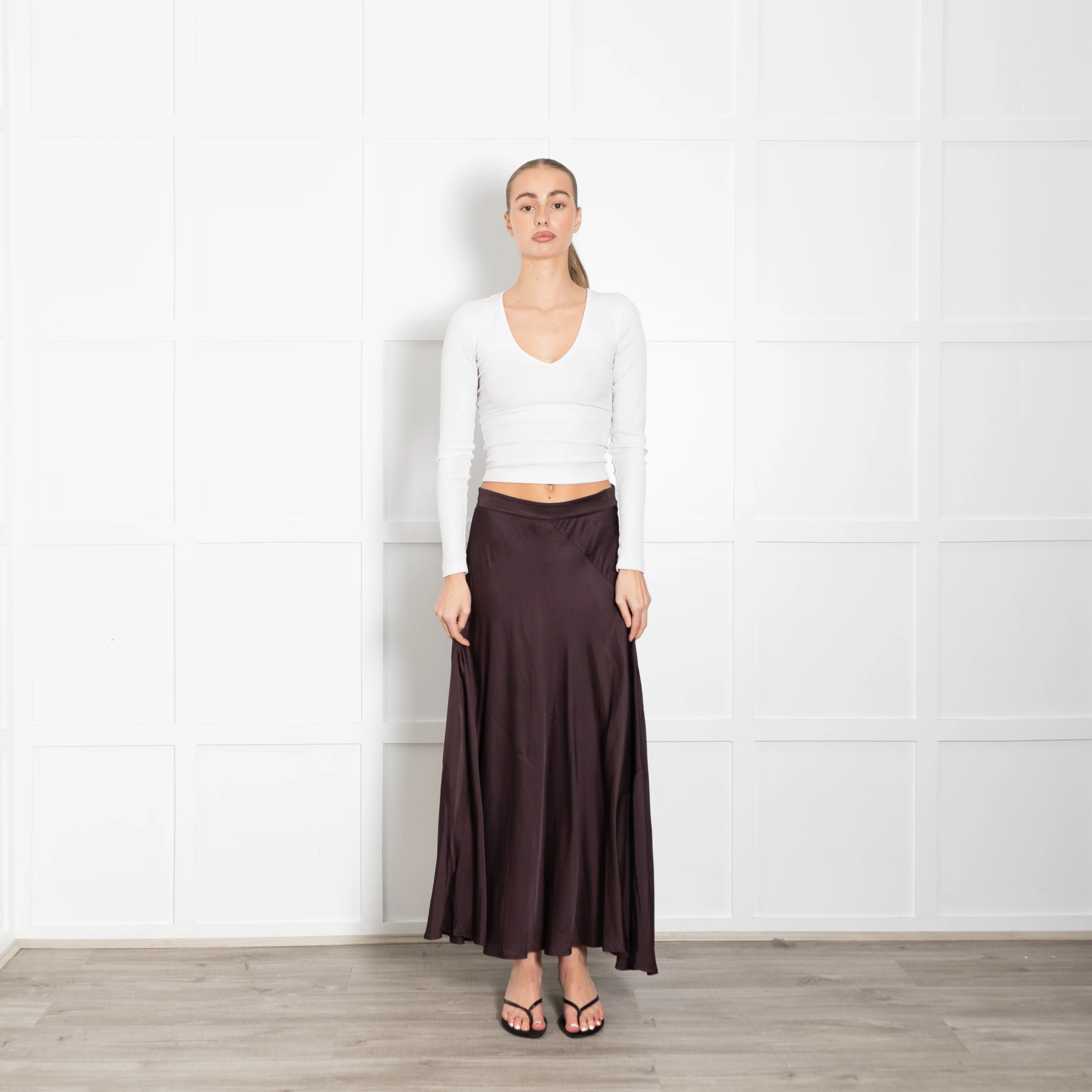 Rabens Saloner Brown Satin A-Line Maxi Skirt