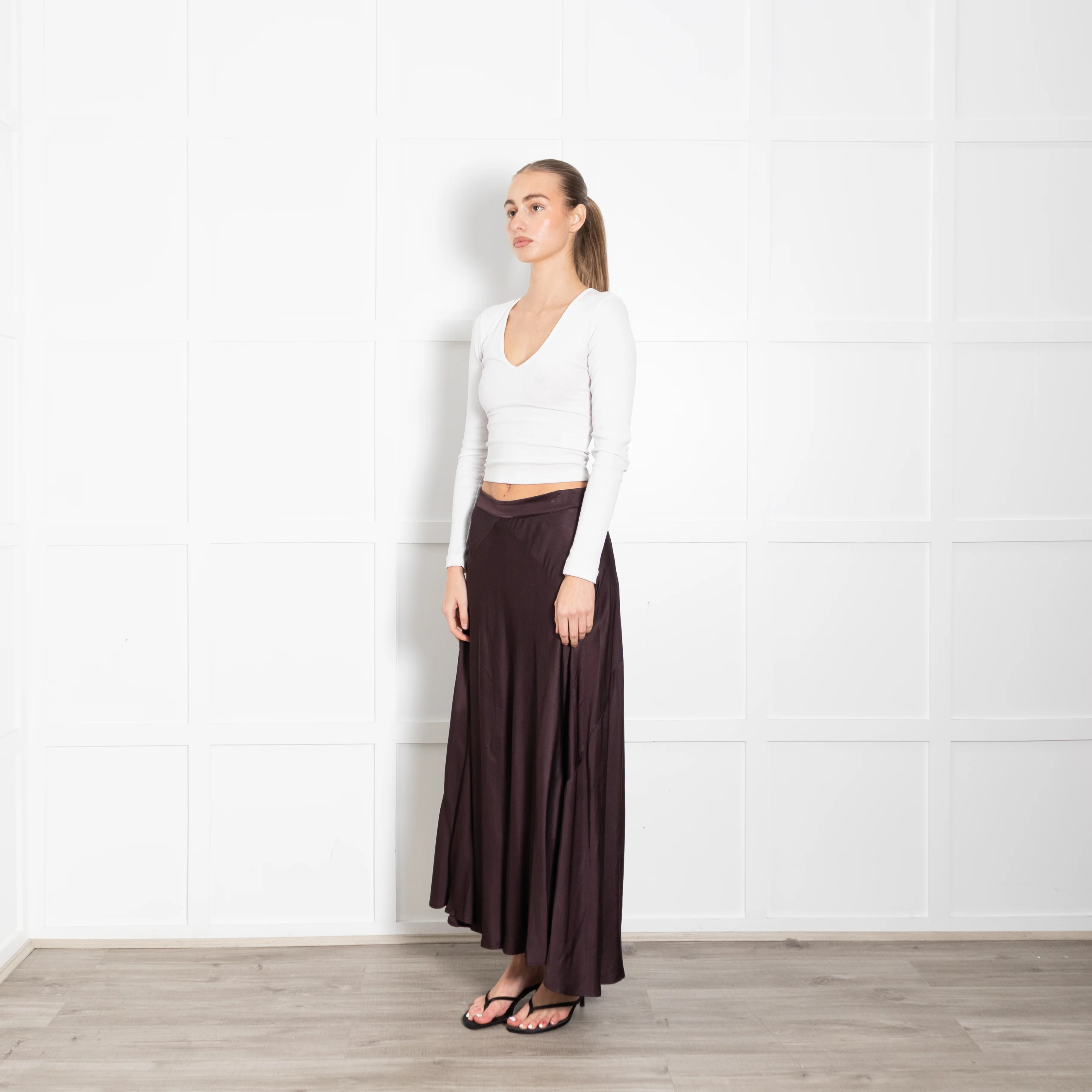 Rabens Saloner Brown Satin A-Line Maxi Skirt - Image 3