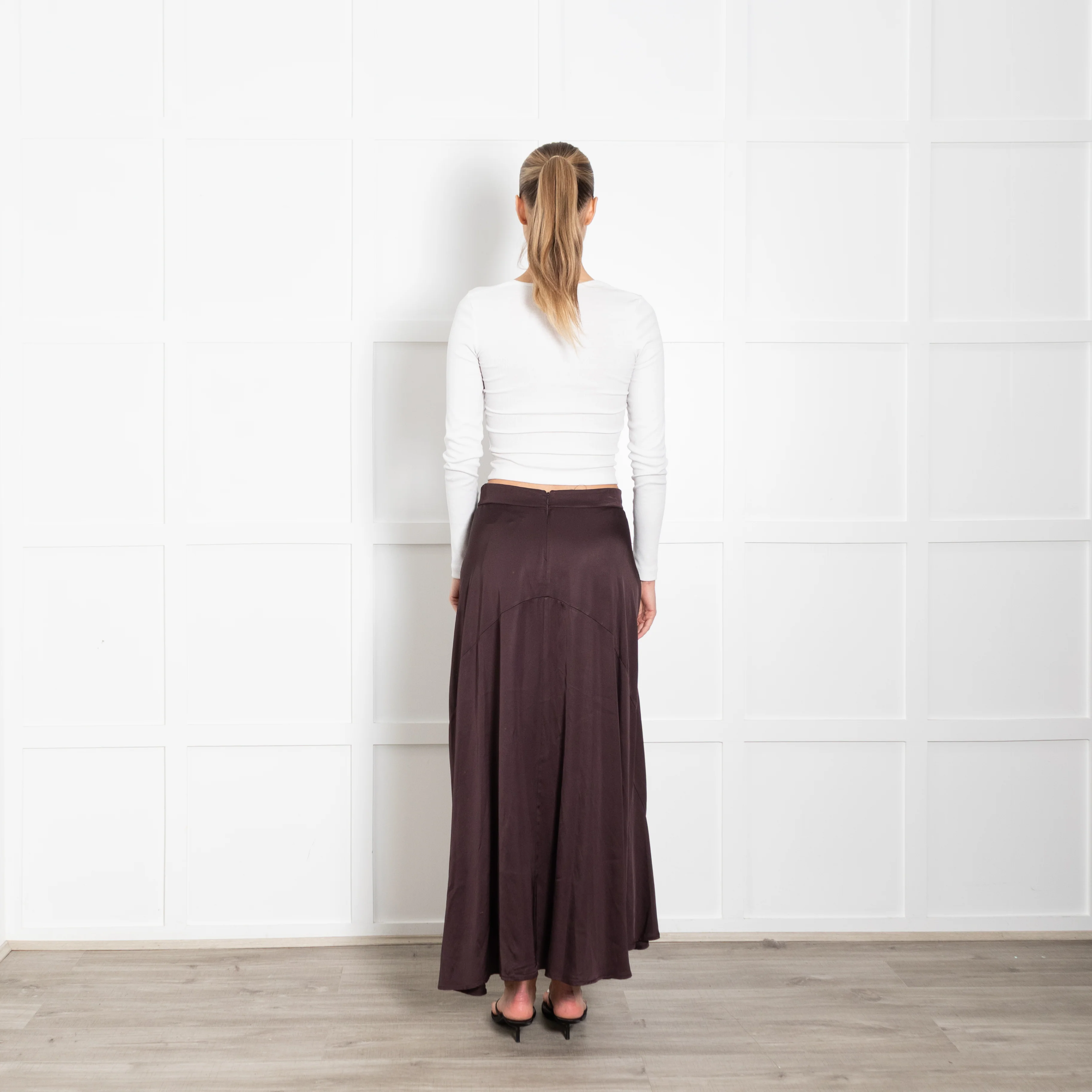 Rabens Saloner Brown Satin A-Line Maxi Skirt - Image 5