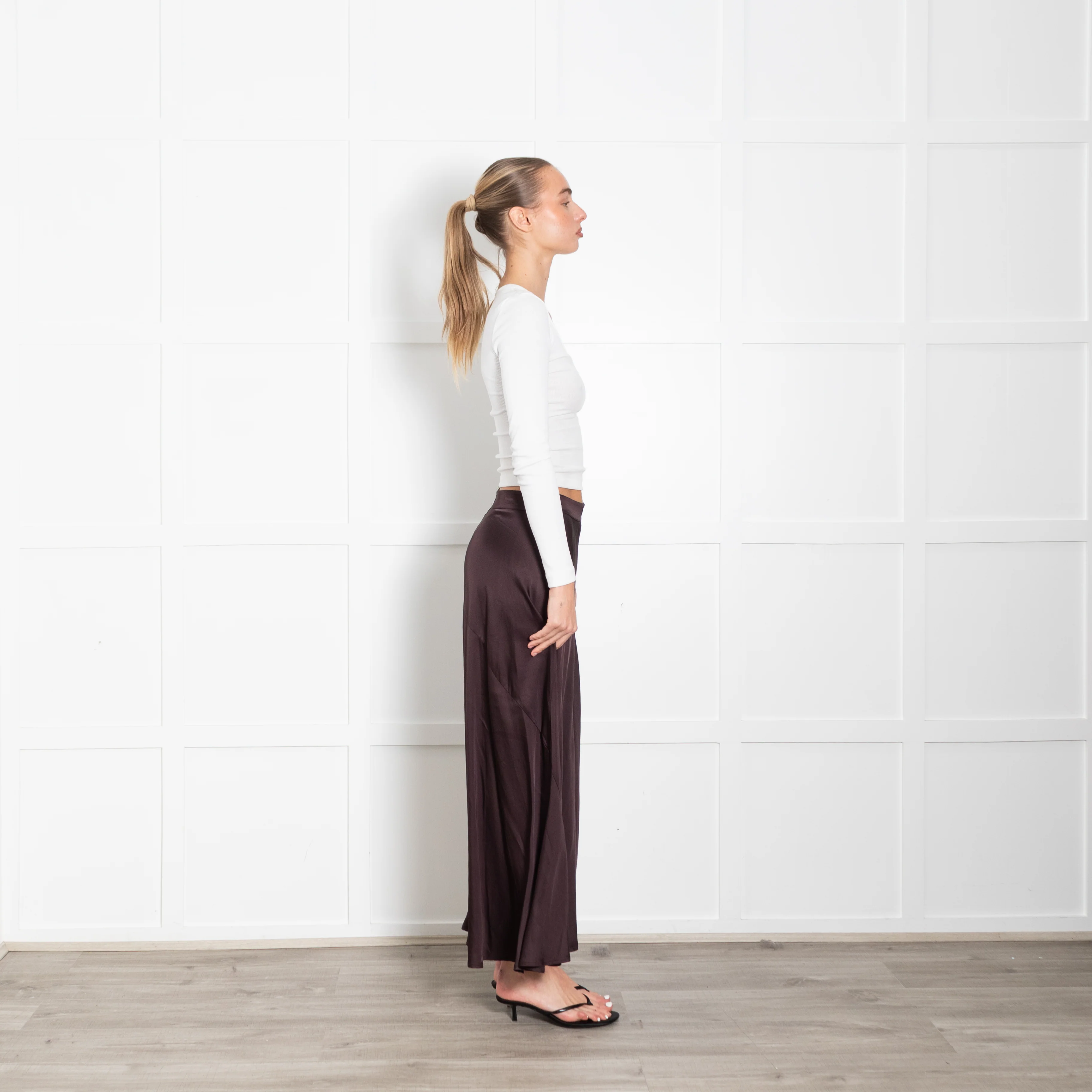 Rabens Saloner Brown Satin A-Line Maxi Skirt - Image 6
