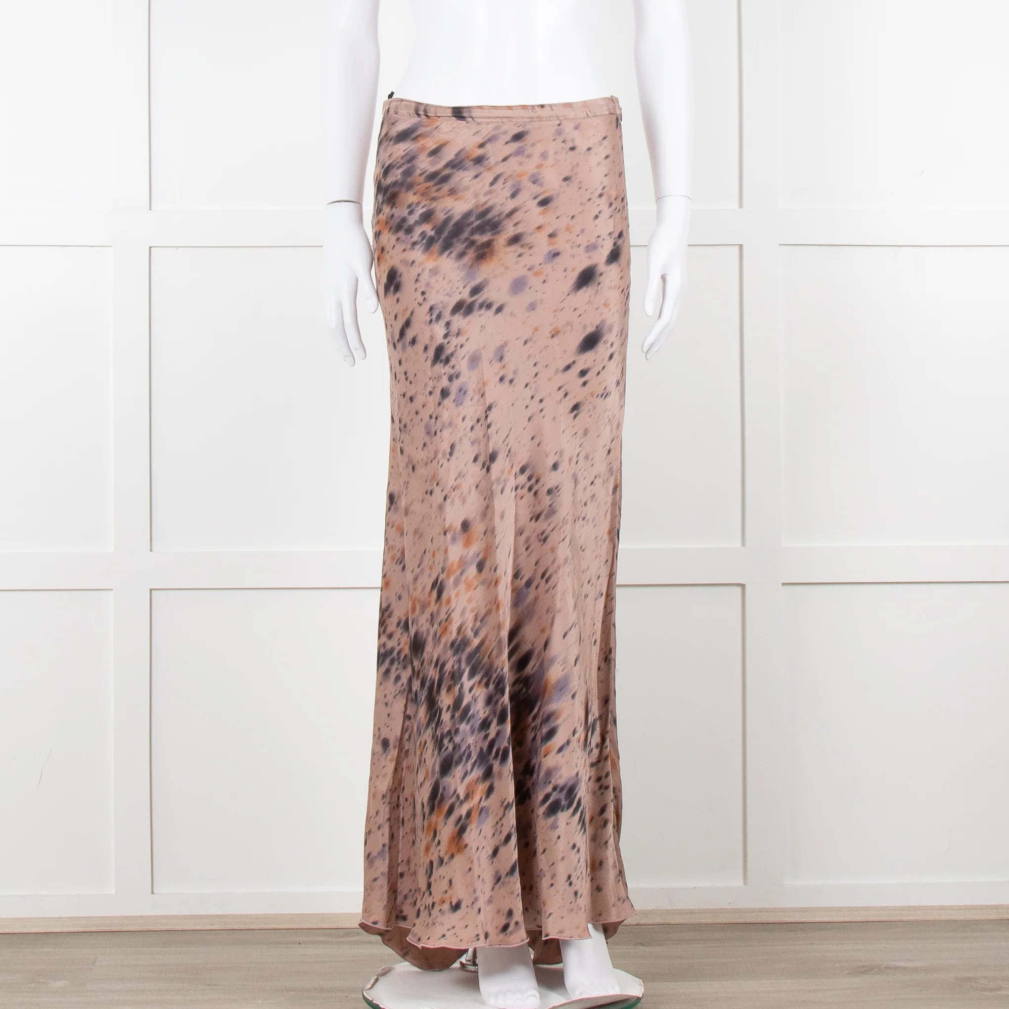 Rabens Saloner Taupe Tie Dye Splatter Bias Cut Maxi Skirt