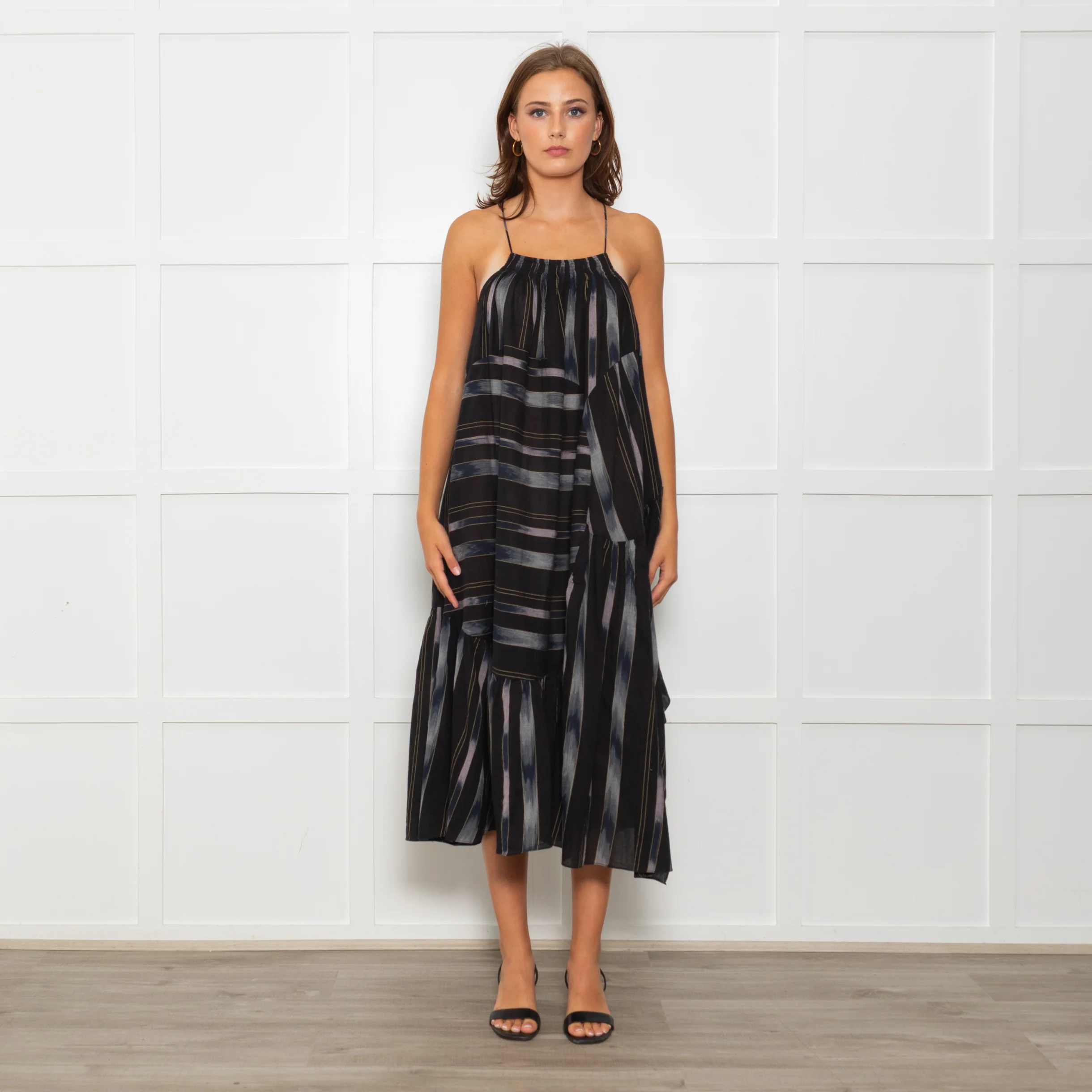 Rachel Comey Black Sundress With Blue Stripes And Tiered Hem