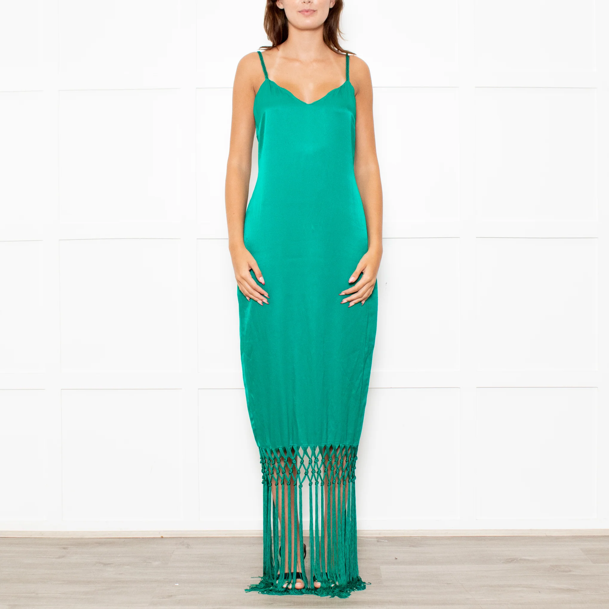 Rachel Zoe Green Sleeveless Tassels Silky Dress - Image 2
